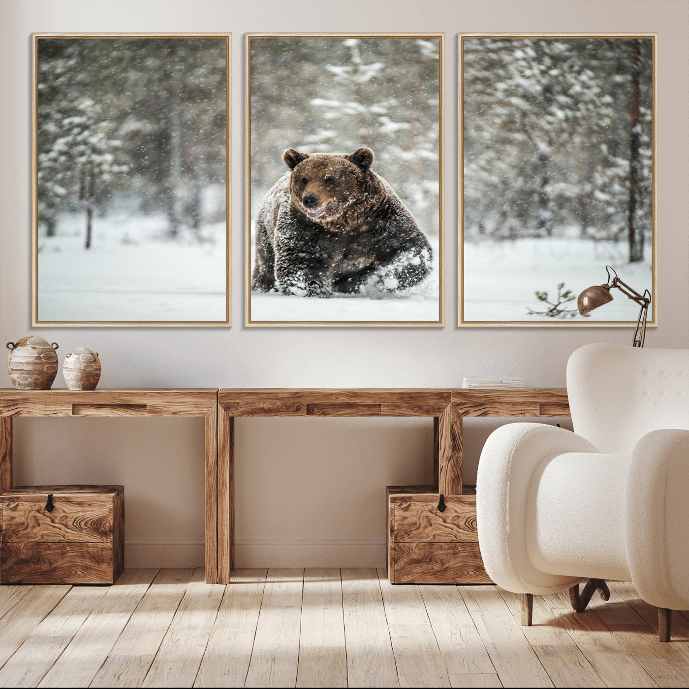 Grizzly Bear Wall Art – Framed Snowy Forest Canvas Artwork,