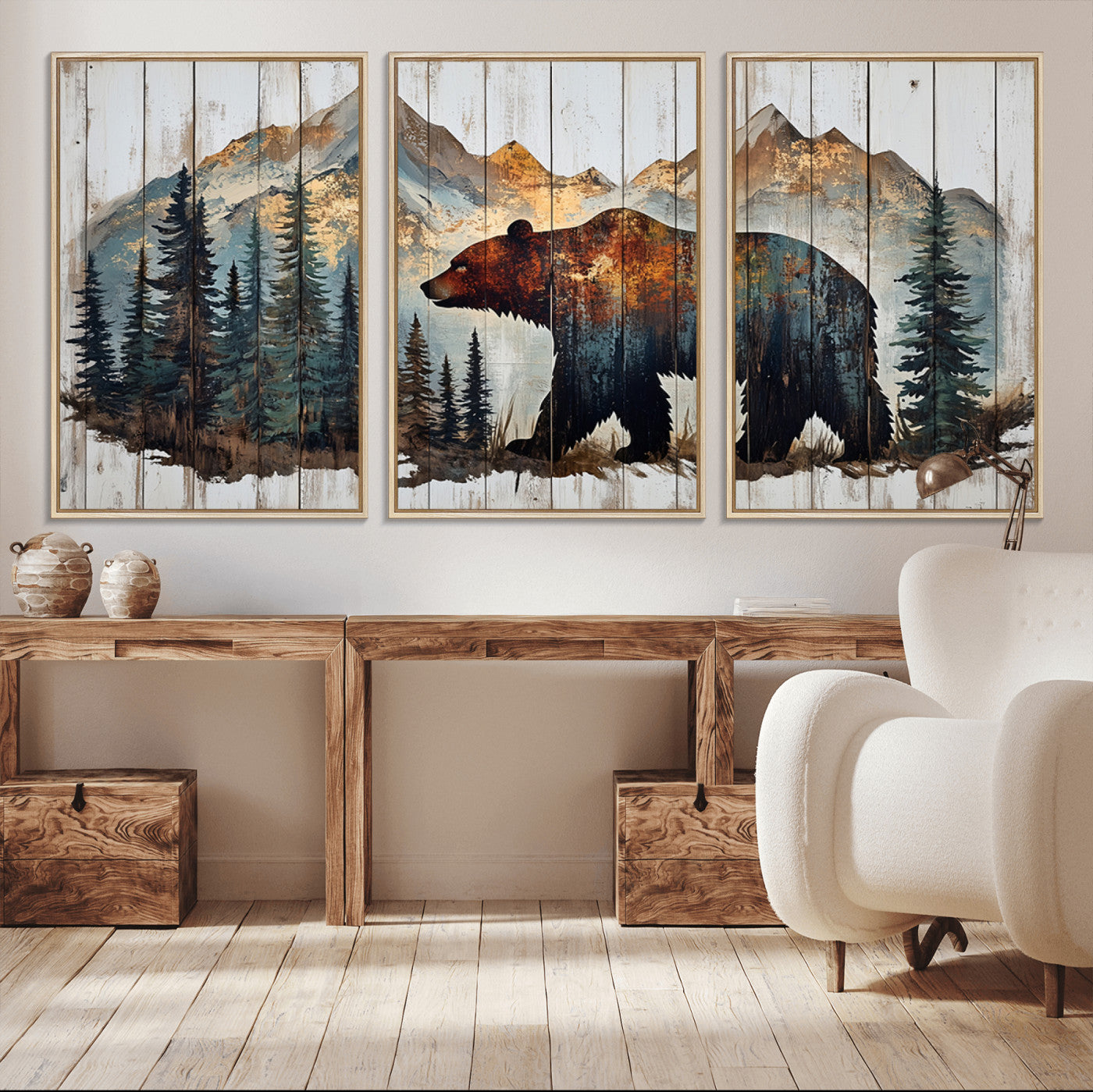Rustic Grizzly 399 Bear and Mountain Wood Canvas Wall Art -