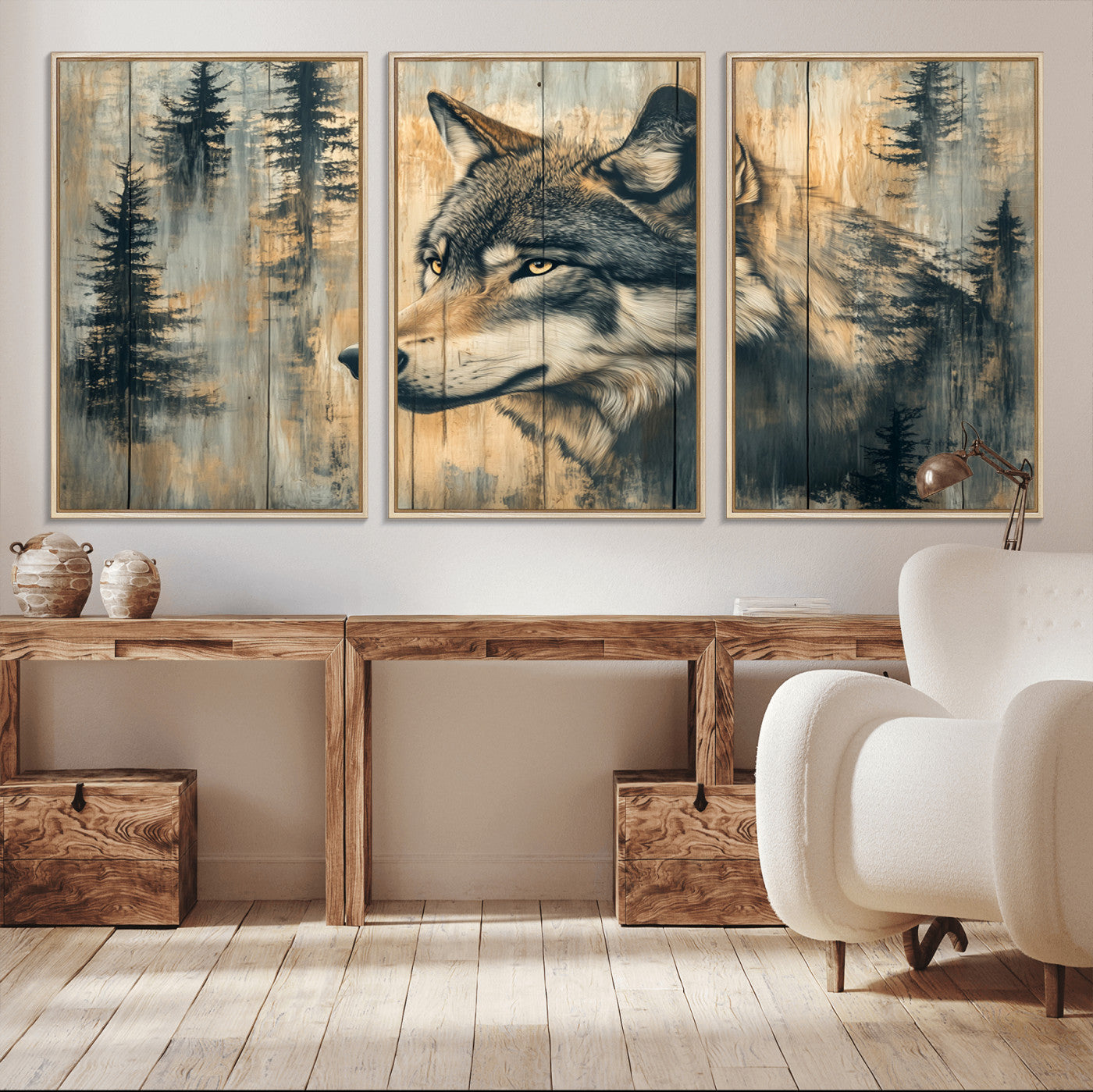 Wood Style Rustic Wolf Wall Art Canvas Print, Vintage