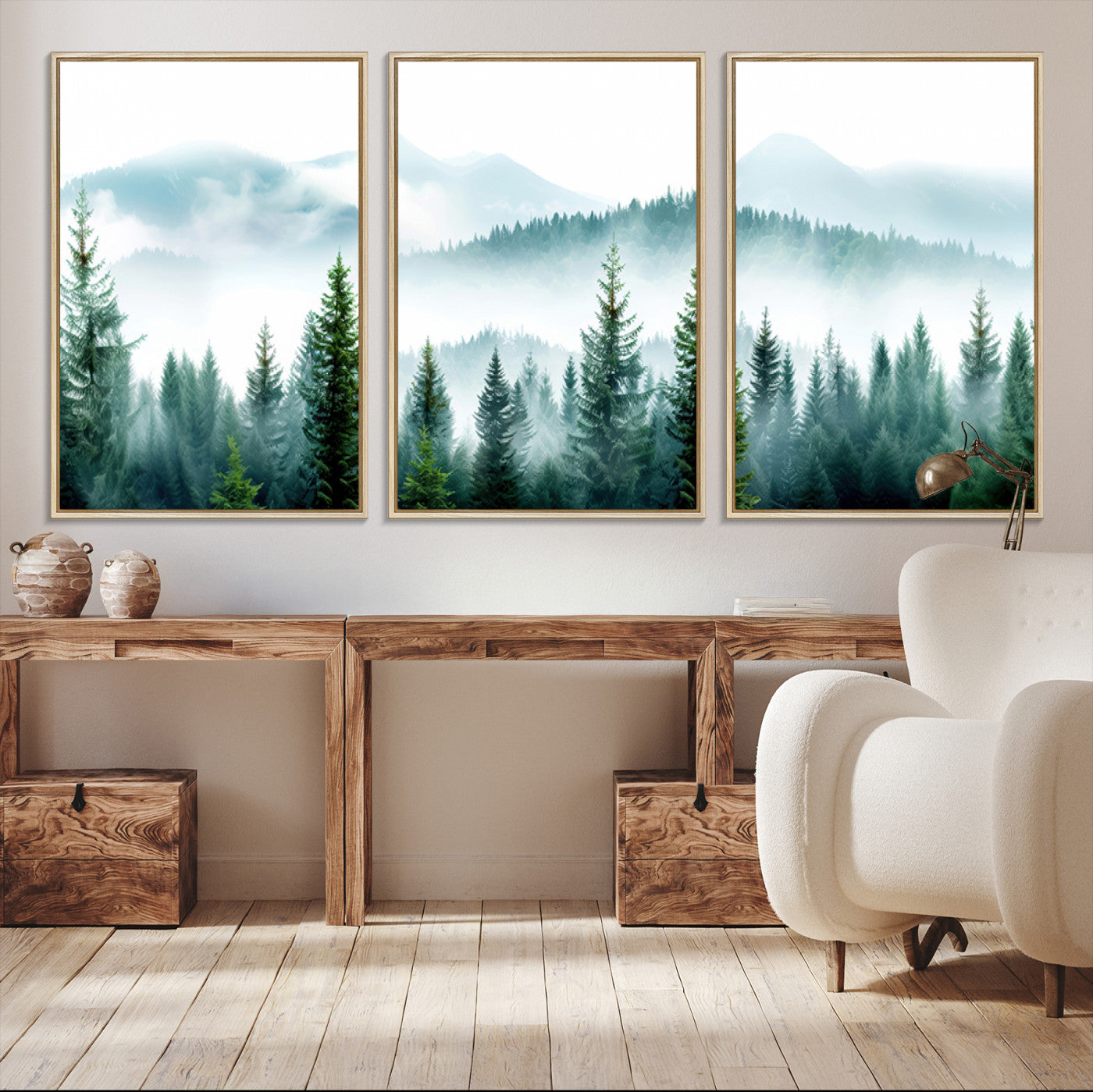 Pine Forest Wall Art Canvas Print – Misty Mountains Foggy