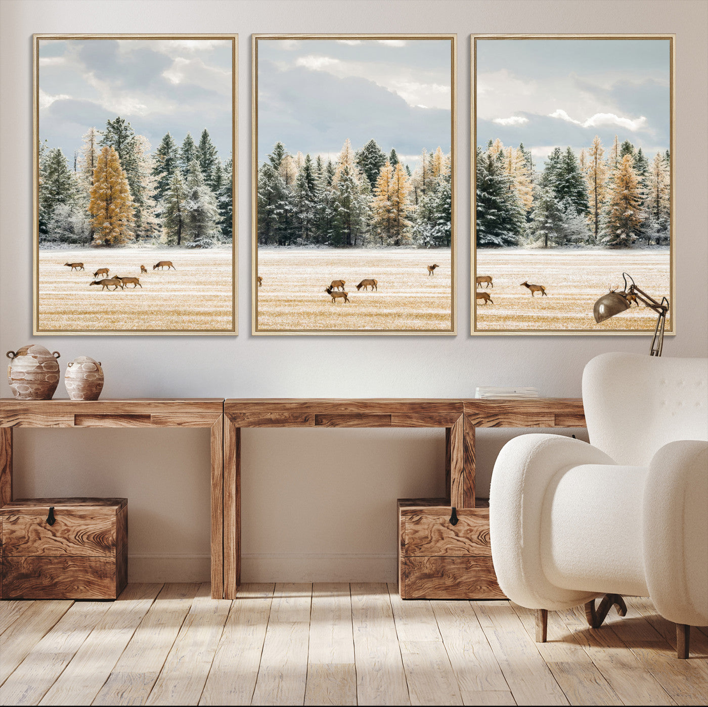 Elk Herd Wall Art – Framed Snowy Forest Canvas Artwork,