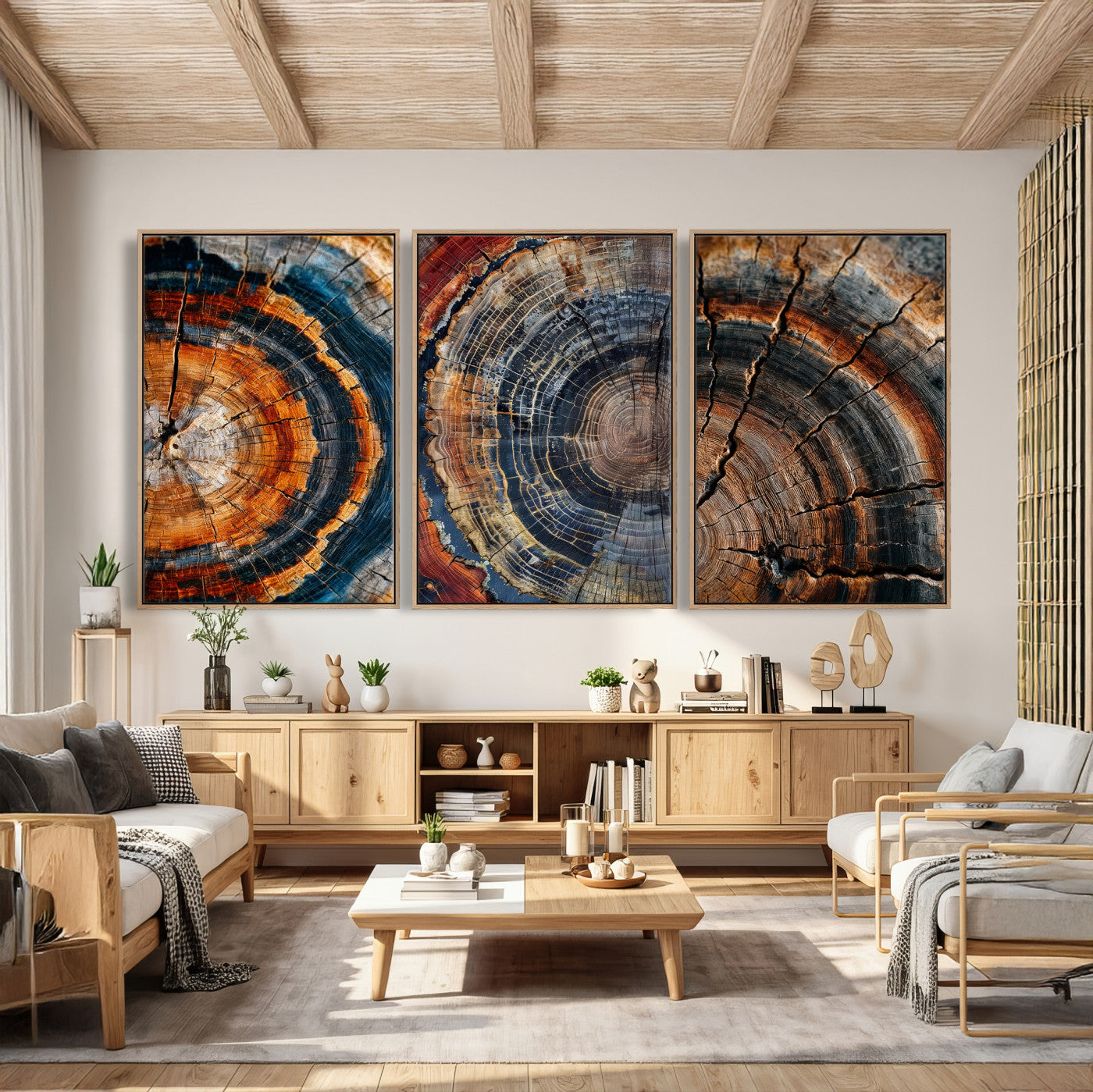 Tree Ring Canvas Wall Art, Wood Cross Section Triptych