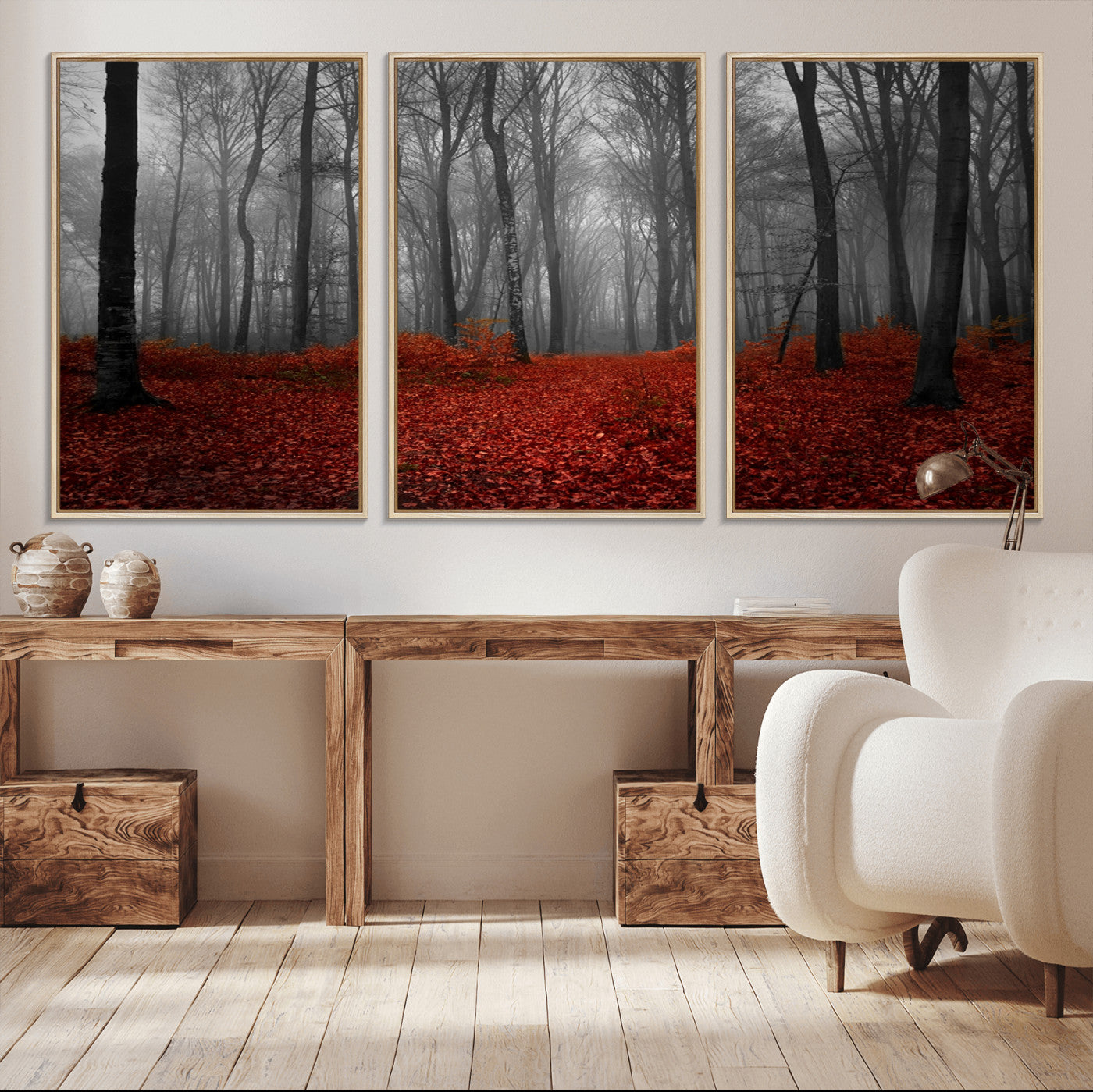 Red Forest Floor Canvas Wall Art – Mystical Foggy Woodland