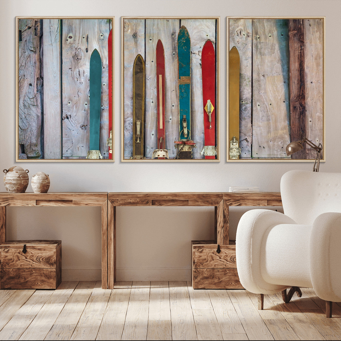 Vintage Wooden Weathered Ski's in Front of an Old Barn Wall