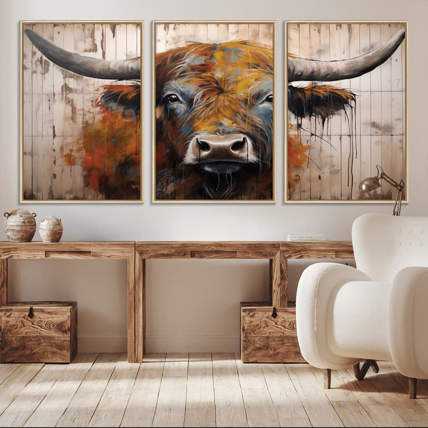 Scottish Highland Cow Cattle Art Print on Wood Style