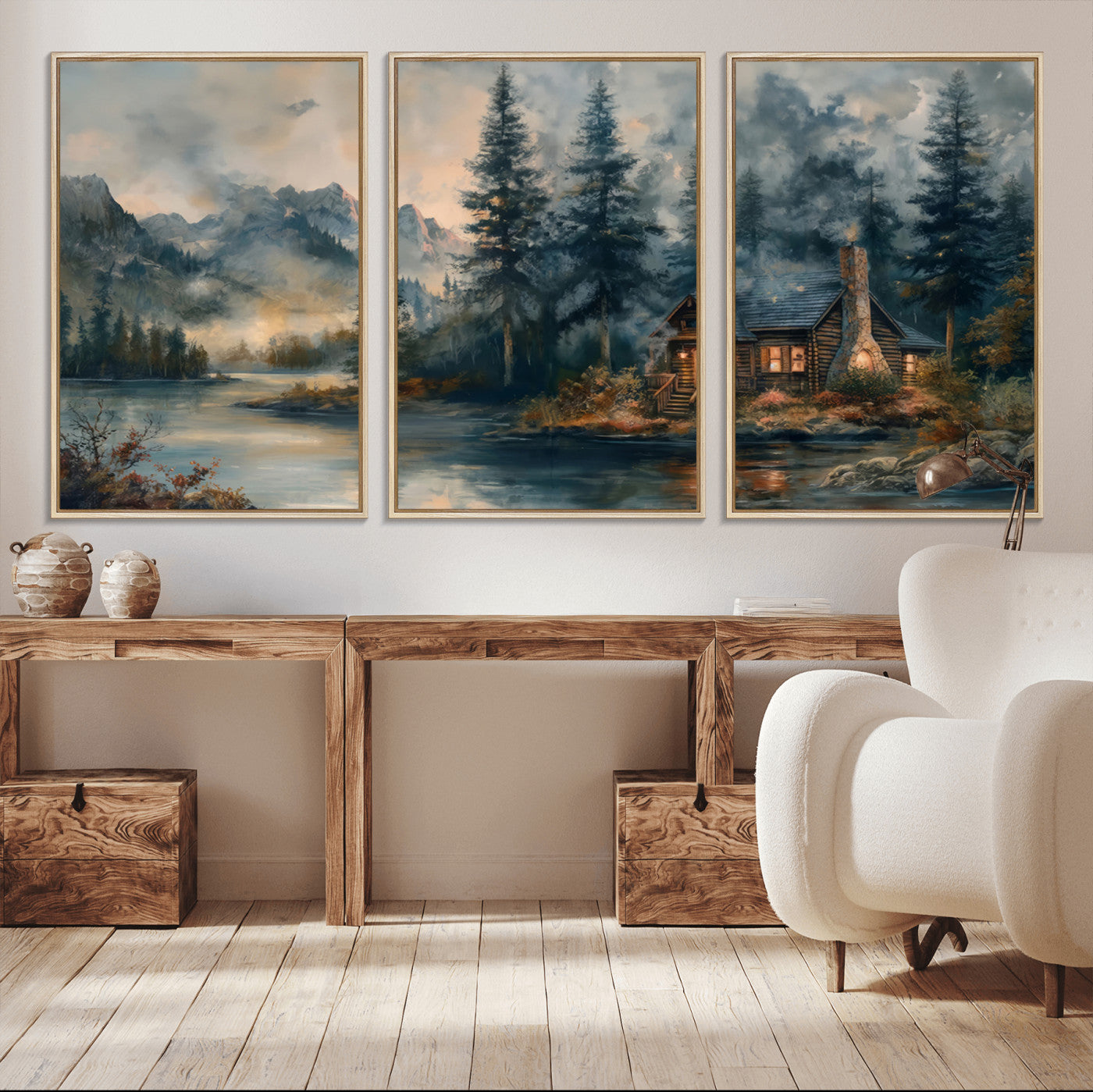 Rustic Cabin Woods Wall Art Print | Lake in a Forest Canvas