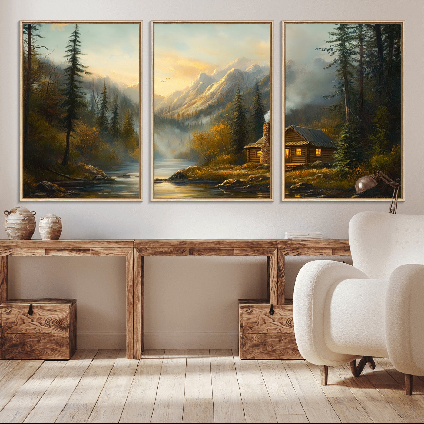 Wood Cabin Retreat Mountain at Sunset Wall Art Print -