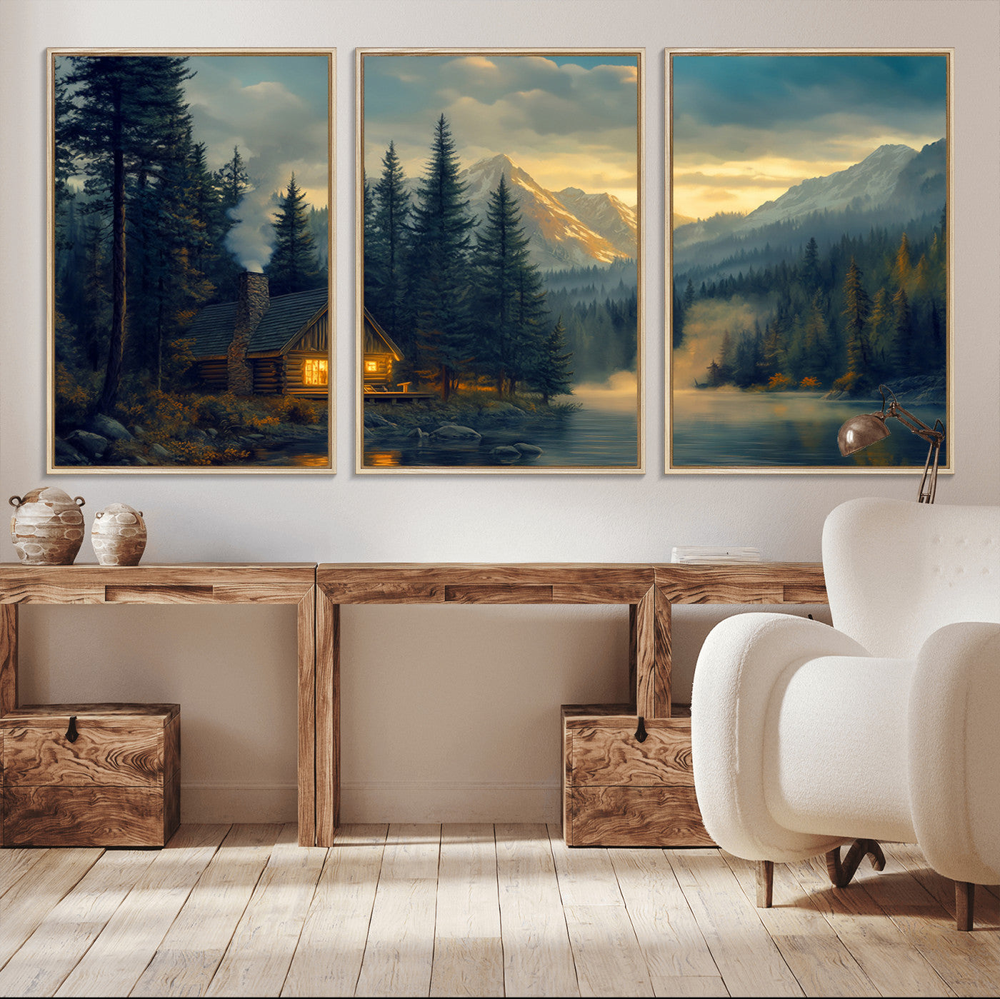 Mountain Cabin by the Lake at Sunset Wall Art - Serene