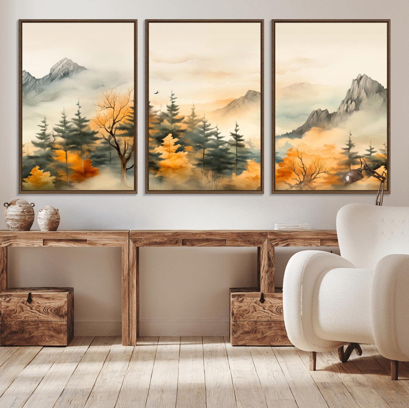 Abstract Watercolor Mountains and Trees Autumn Art,