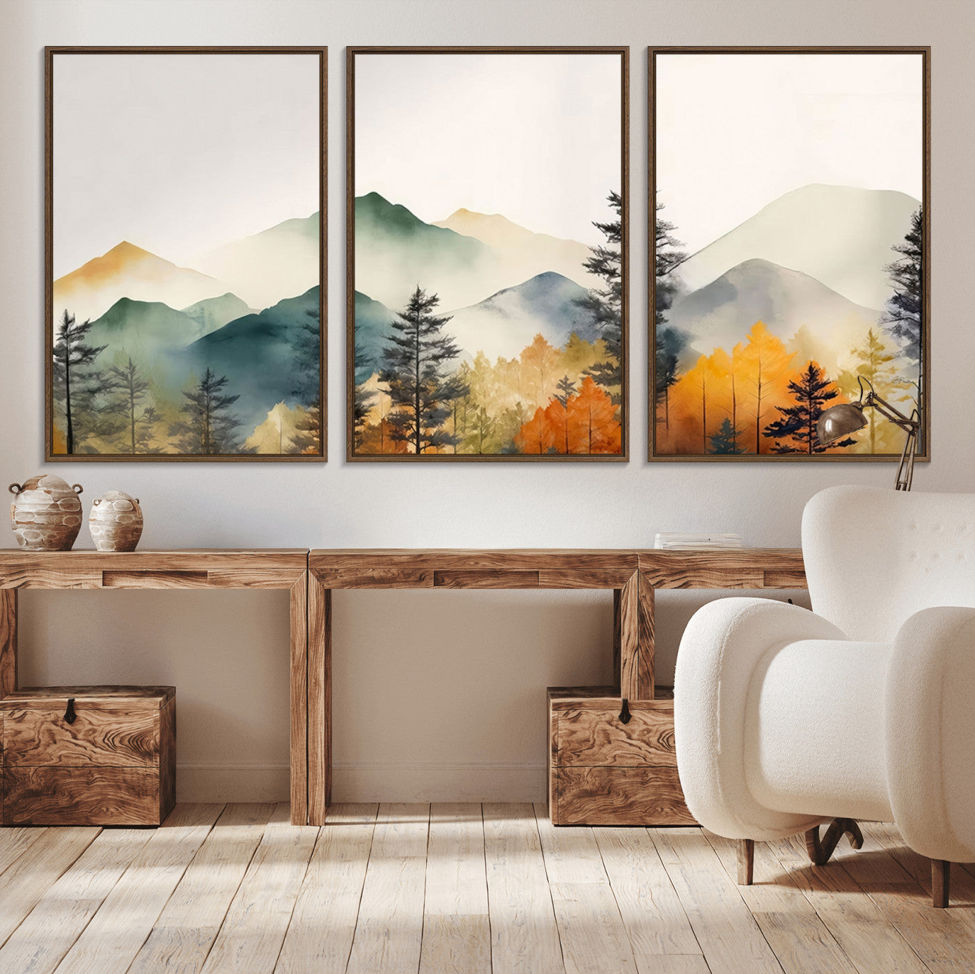 Abstract Watercolor Mountains and Trees Autumn Wall Art,