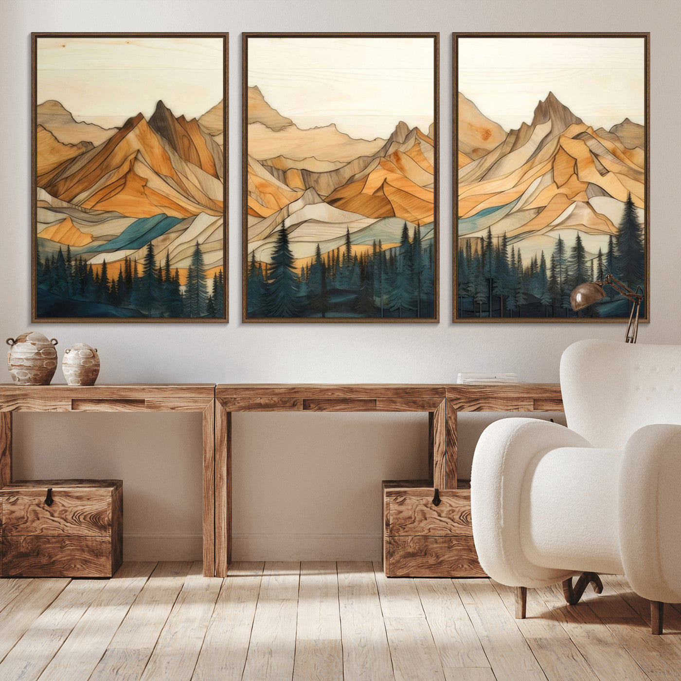 Rustic Wood Mountain Wall Art Print | Triptych Giclee Print