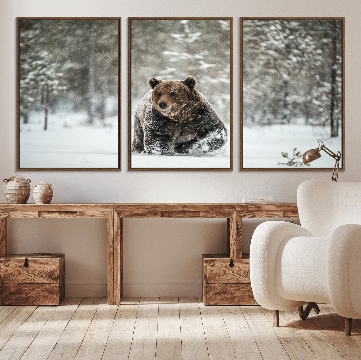 Grizzly Bear Wall Art – Framed Snowy Forest Canvas Artwork,