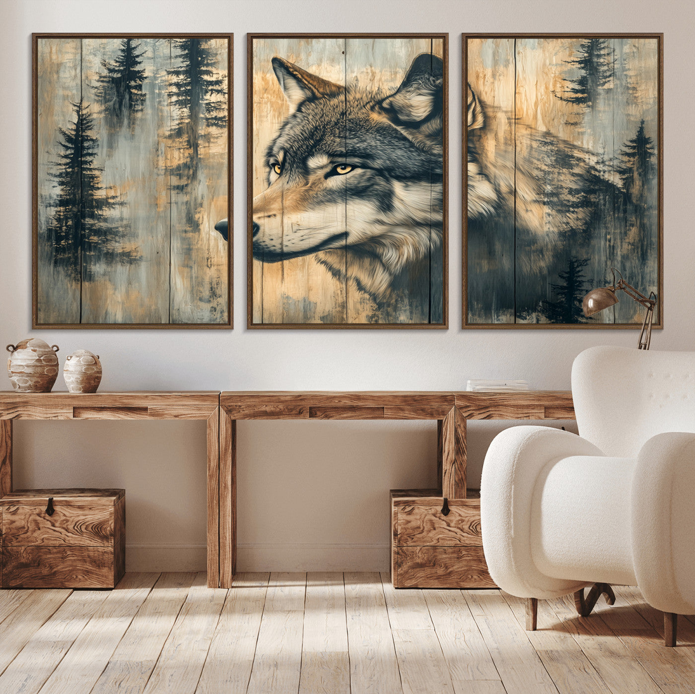 Wood Style Rustic Wolf Wall Art Canvas Print, Vintage