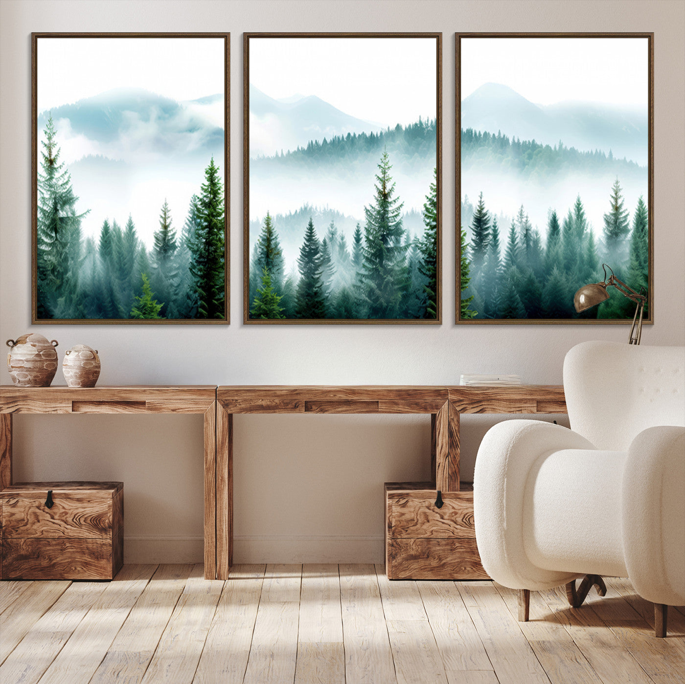 Pine Forest Wall Art Canvas Print – Misty Mountains Foggy