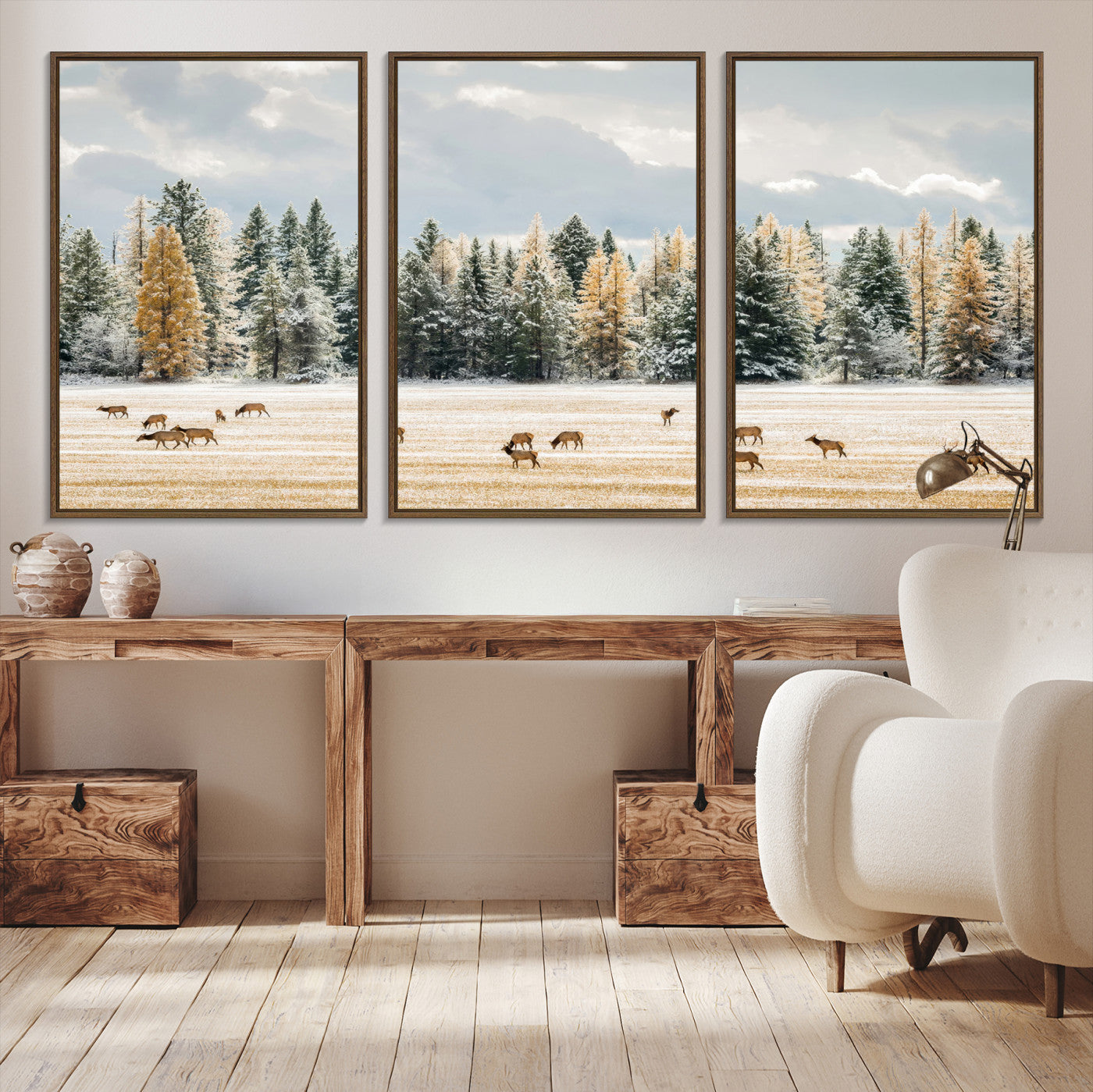 Elk Herd Wall Art – Framed Snowy Forest Canvas Artwork,
