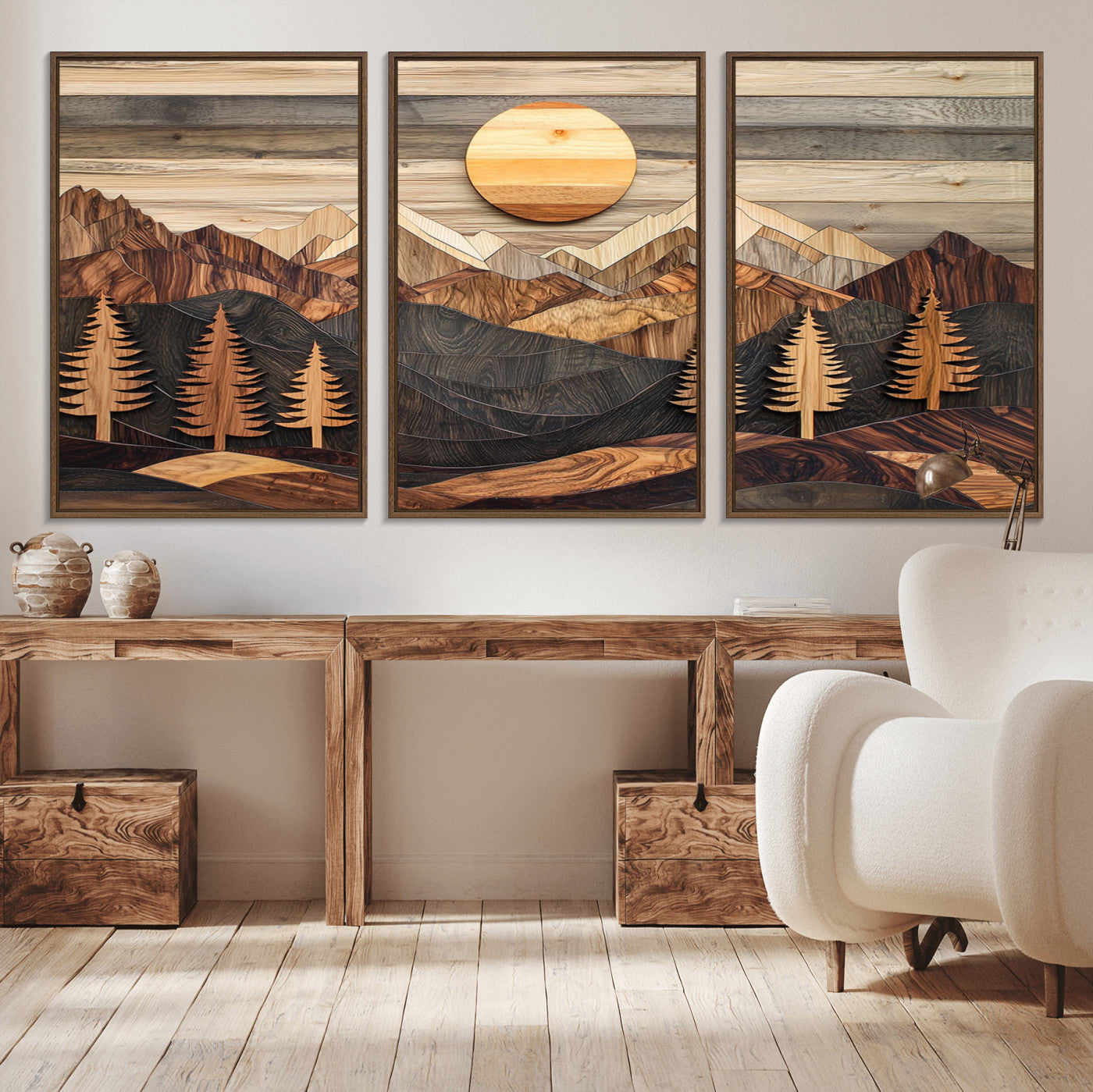 Wooden Mountain Layers Art – Rustic Pine Tree Landscape