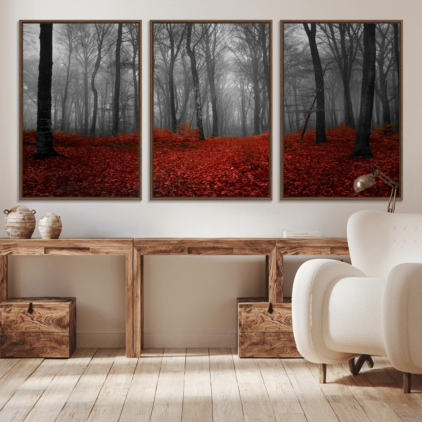 Red Forest Floor Canvas Wall Art – Mystical Foggy Woodland