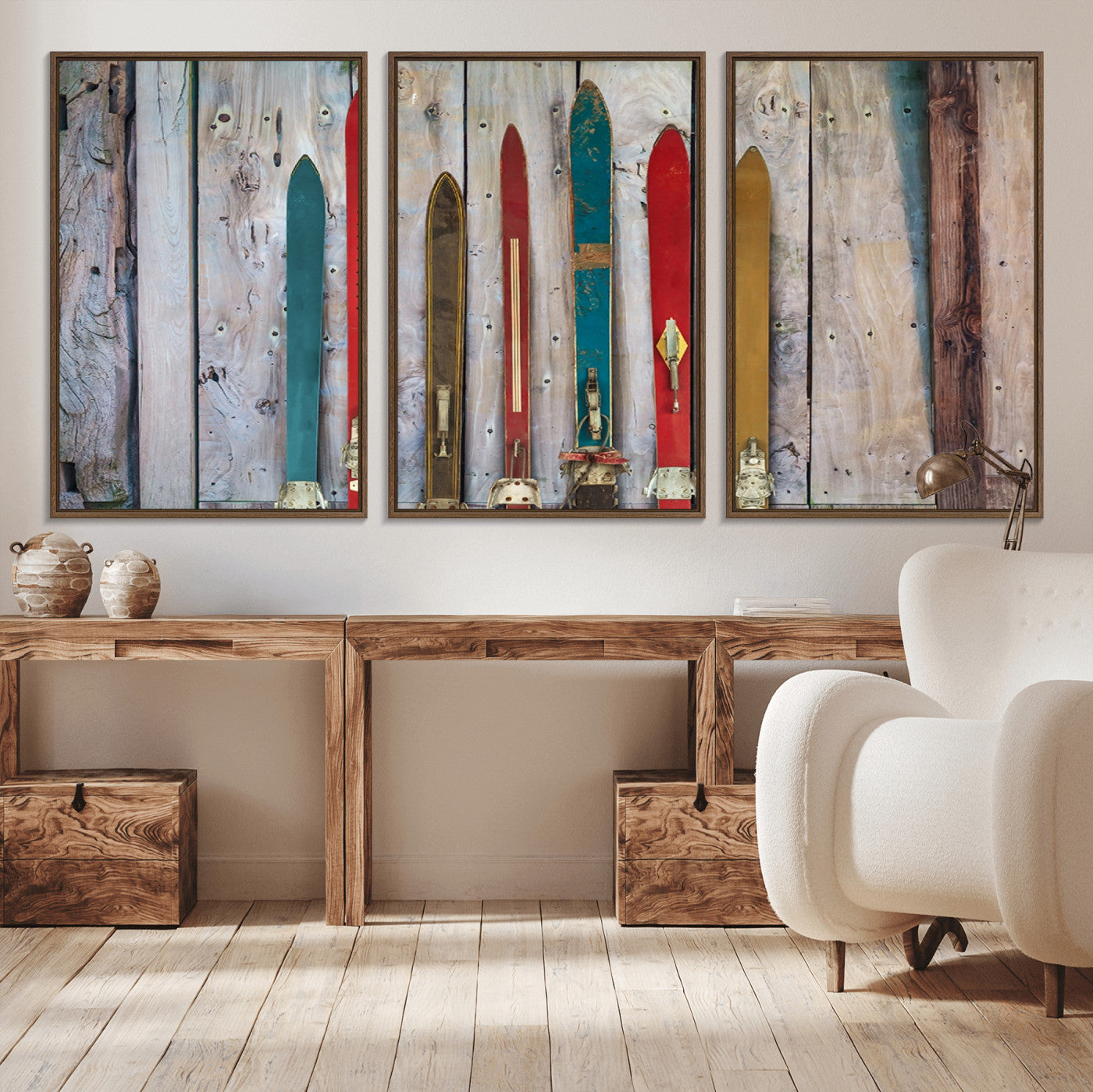 Vintage Wooden Weathered Ski's in Front of an Old Barn Wall