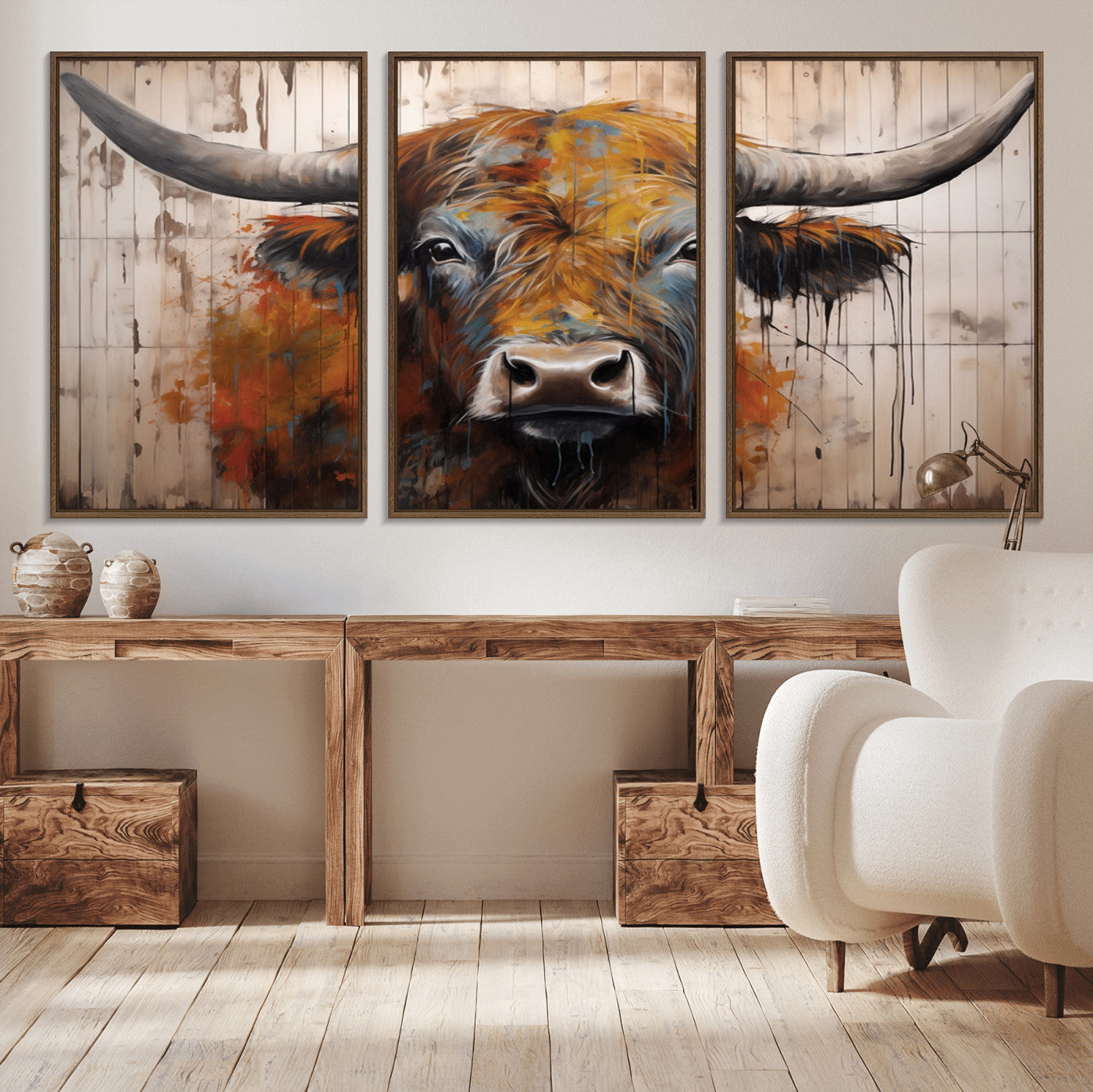 Scottish Highland Cow Cattle Art Print on Wood Style