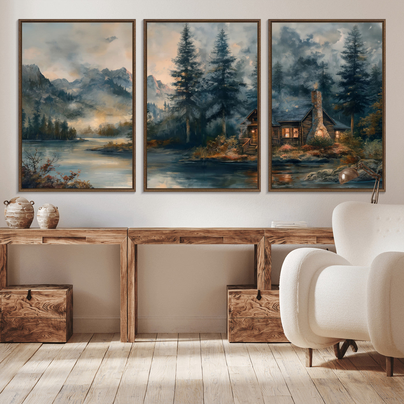 Rustic Cabin Woods Wall Art Print | Lake in a Forest Canvas
