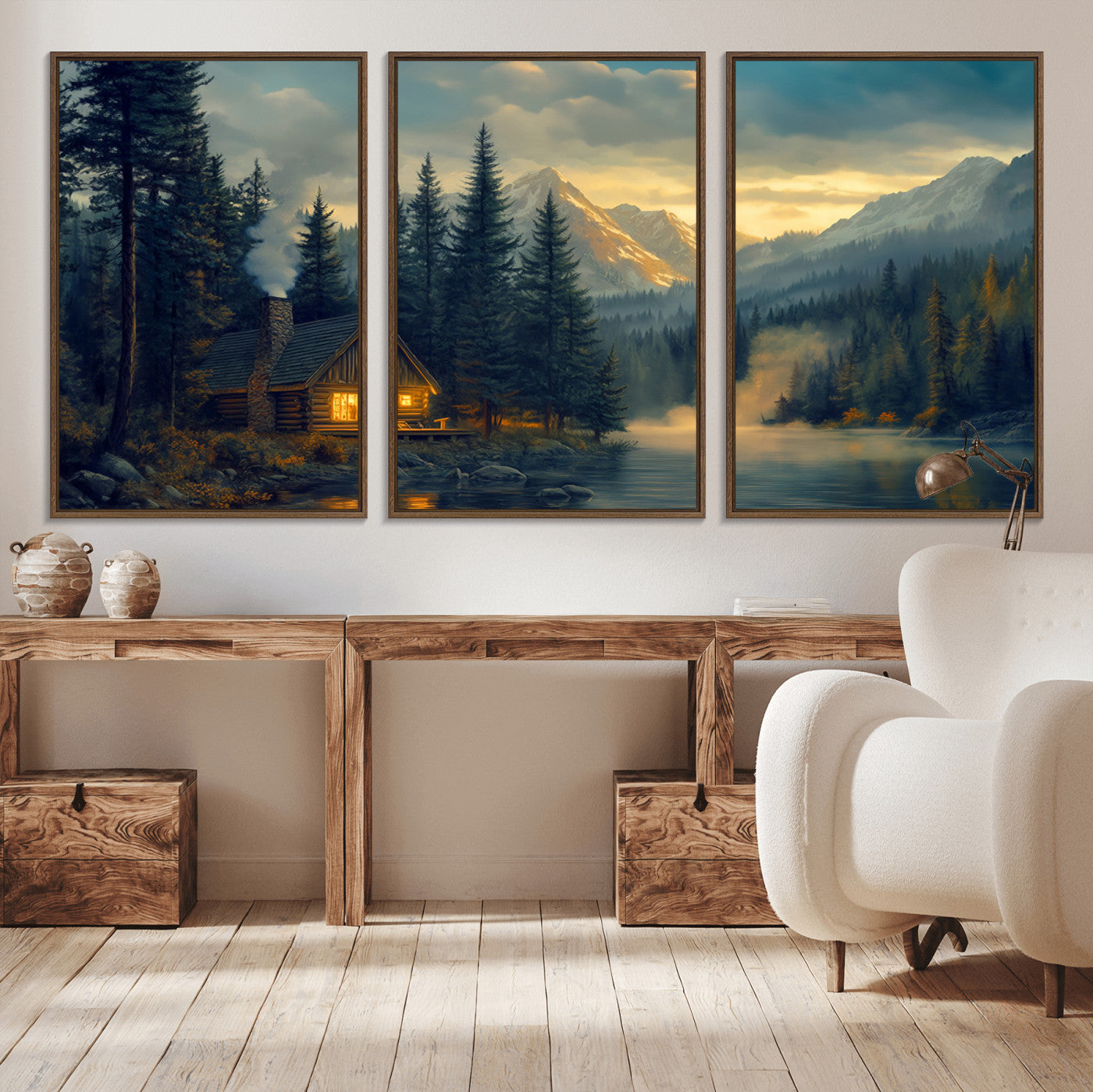 Mountain Cabin by the Lake at Sunset Wall Art - Serene