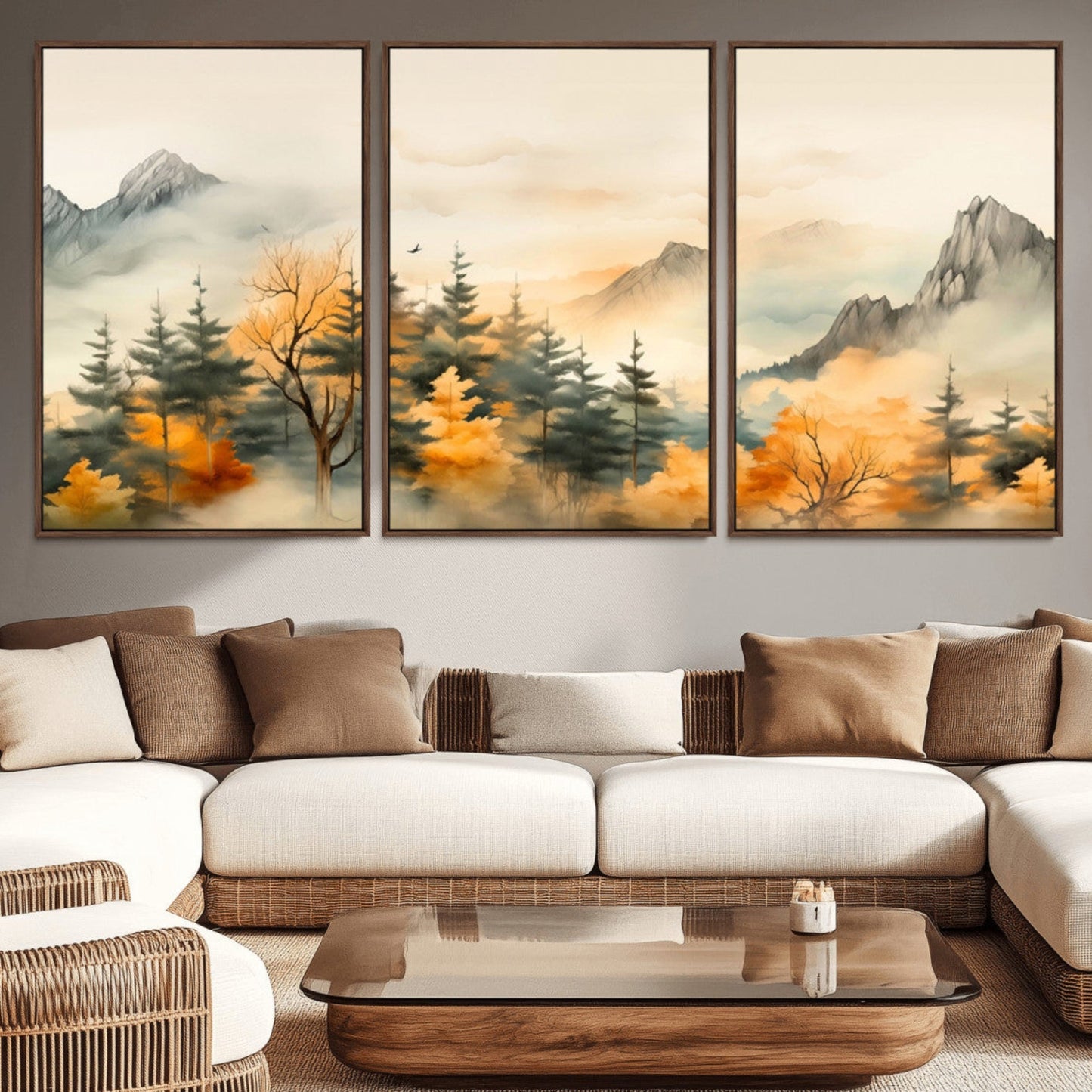 Abstract Watercolor Mountains and Trees Autumn Art,