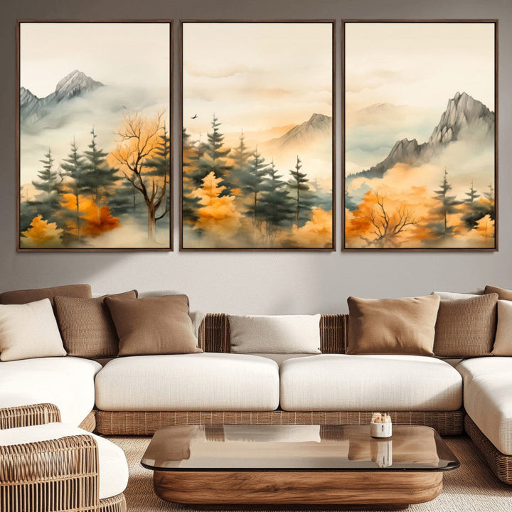 Abstract Watercolor Mountains and Trees Autumn Art,
