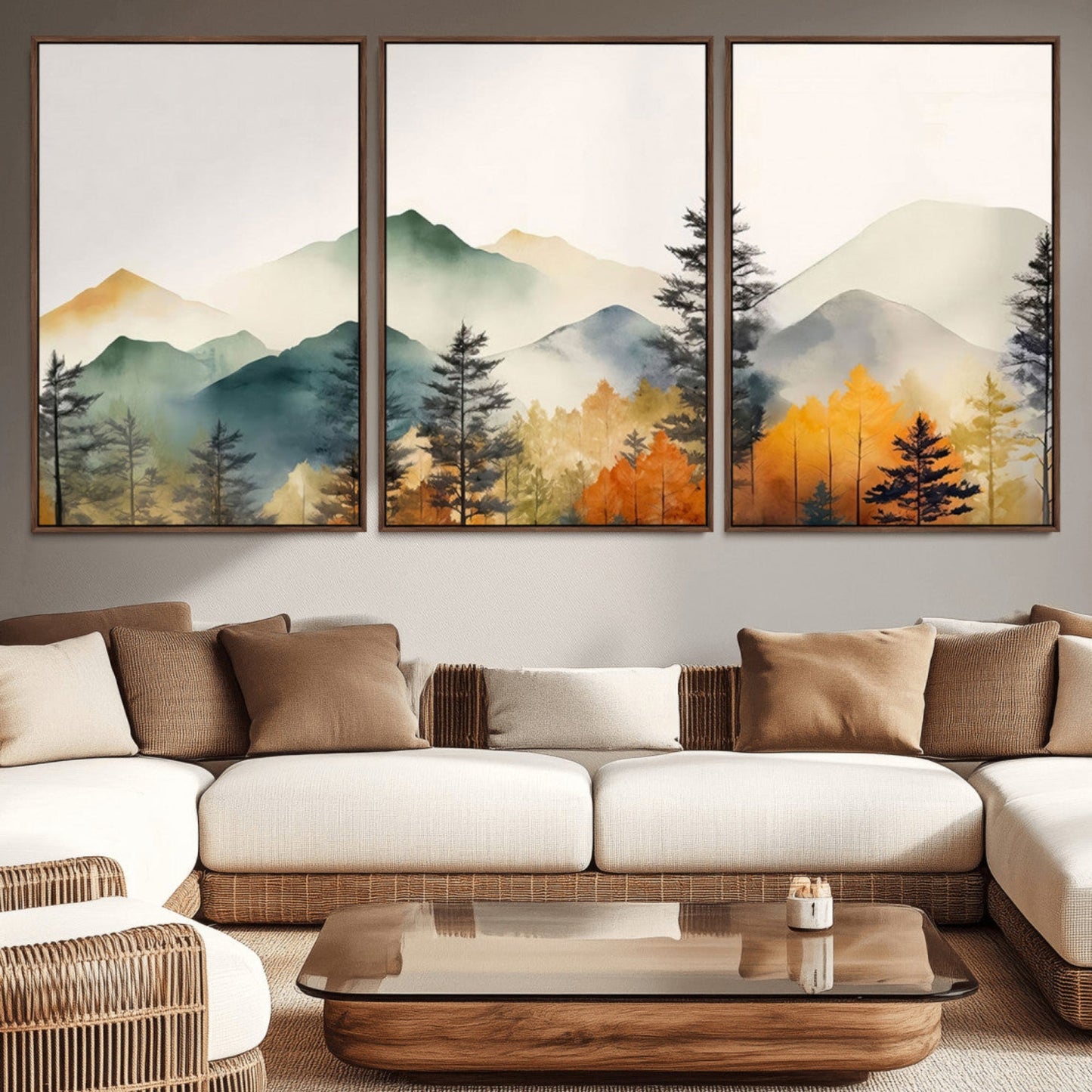 Abstract Watercolor Mountains and Trees Autumn Wall Art,
