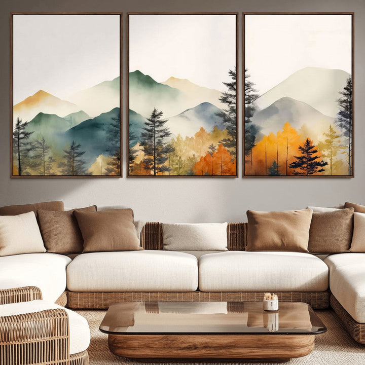 Abstract Watercolor Mountains and Trees Autumn Wall Art,