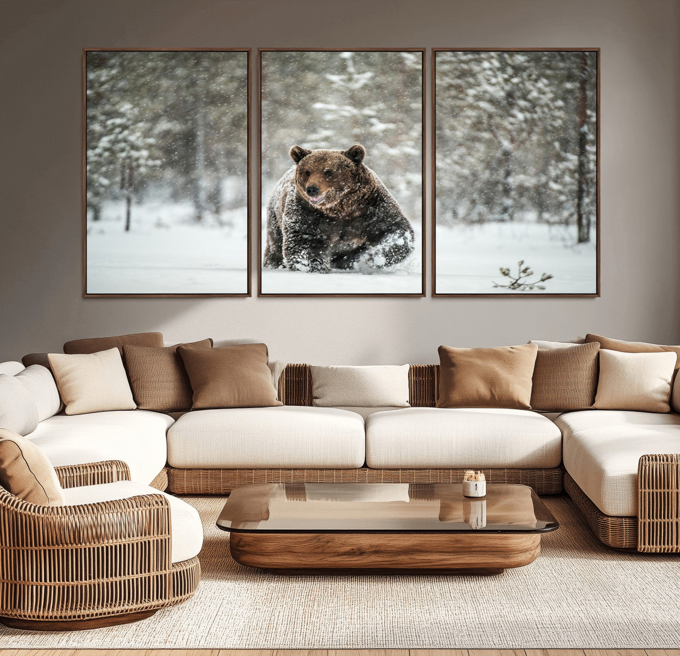 Grizzly Bear Wall Art – Framed Snowy Forest Canvas Artwork,