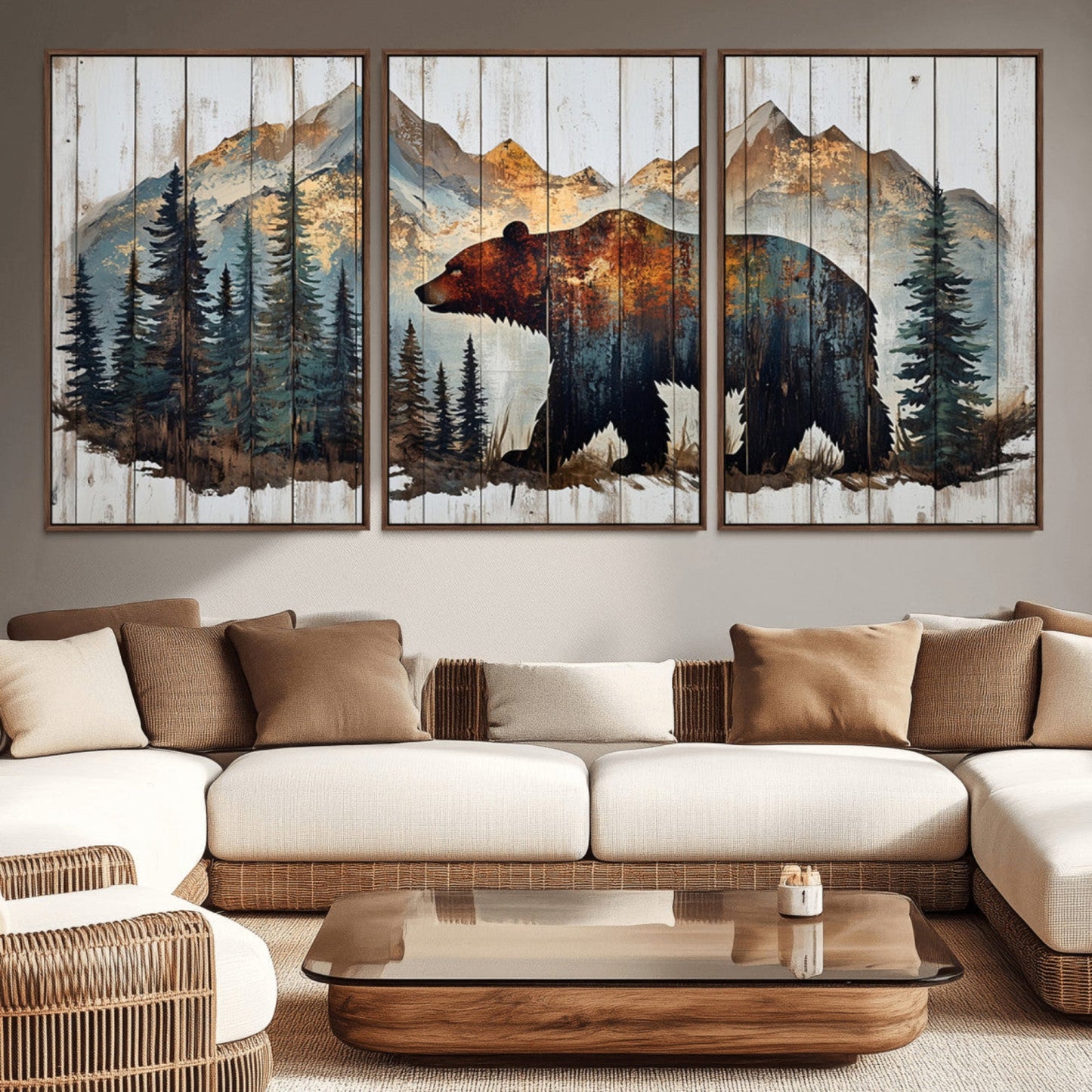 Rustic Grizzly 399 Bear and Mountain Wood Canvas Wall Art -