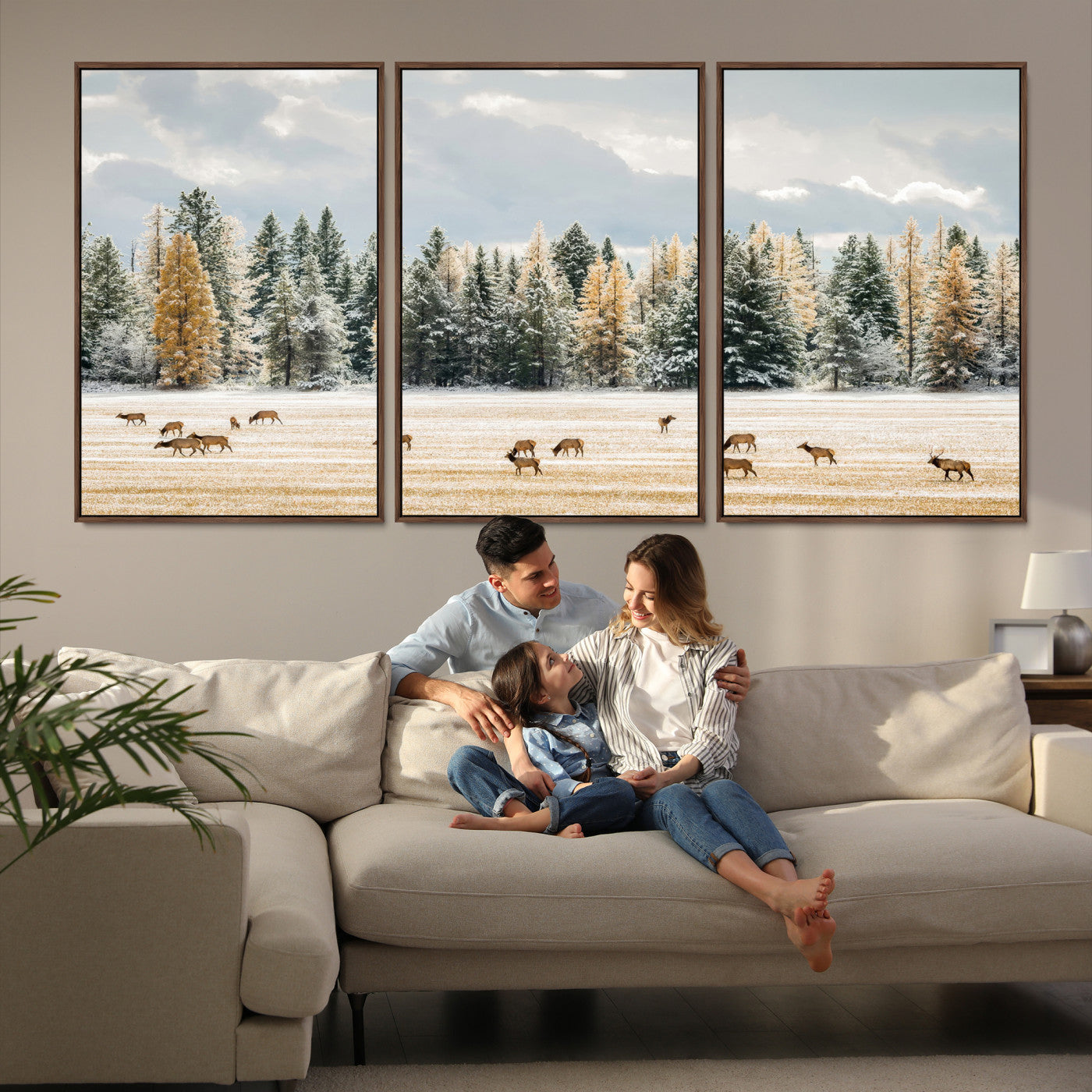 Elk Herd Wall Art – Framed Snowy Forest Canvas Artwork,