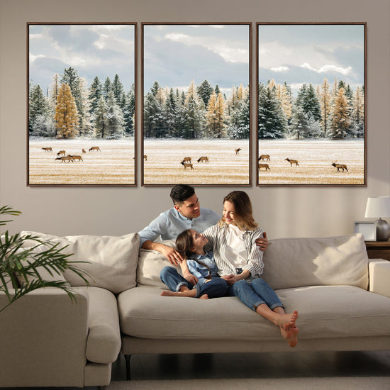 Elk Herd Wall Art – Framed Snowy Forest Canvas Artwork,