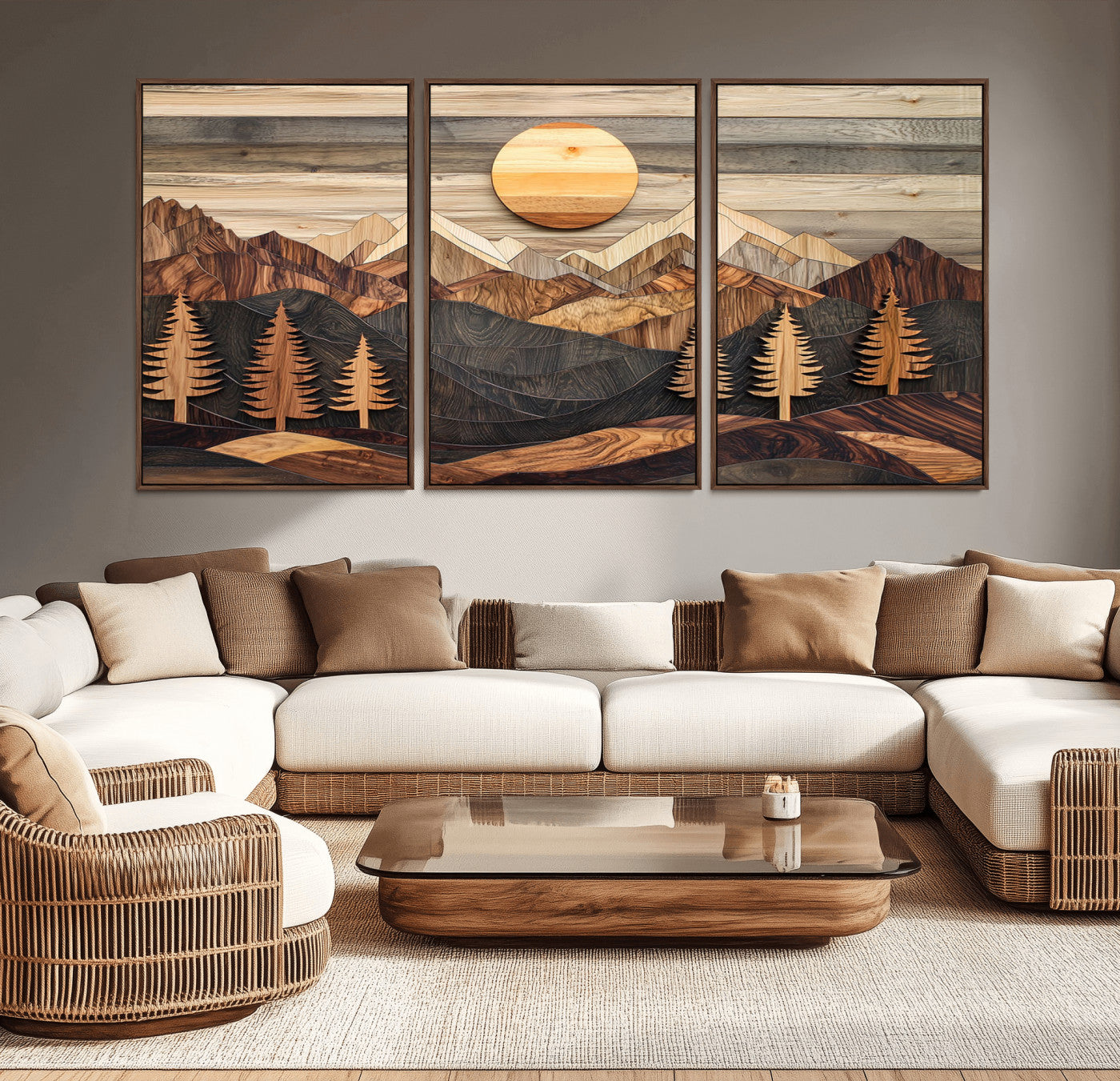 Wooden Mountain Layers Art – Rustic Pine Tree Landscape