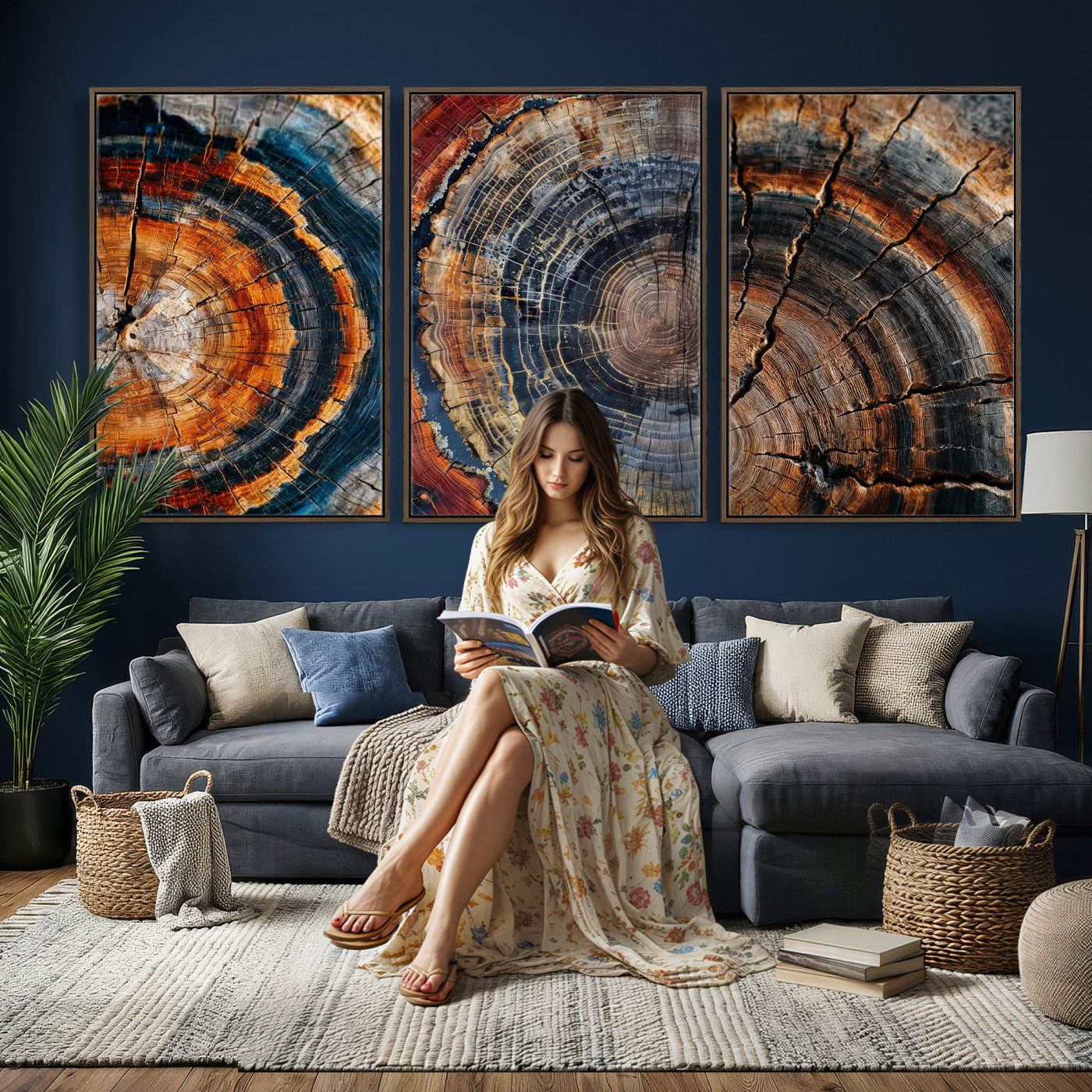 Tree Ring Canvas Wall Art, Wood Cross Section Triptych