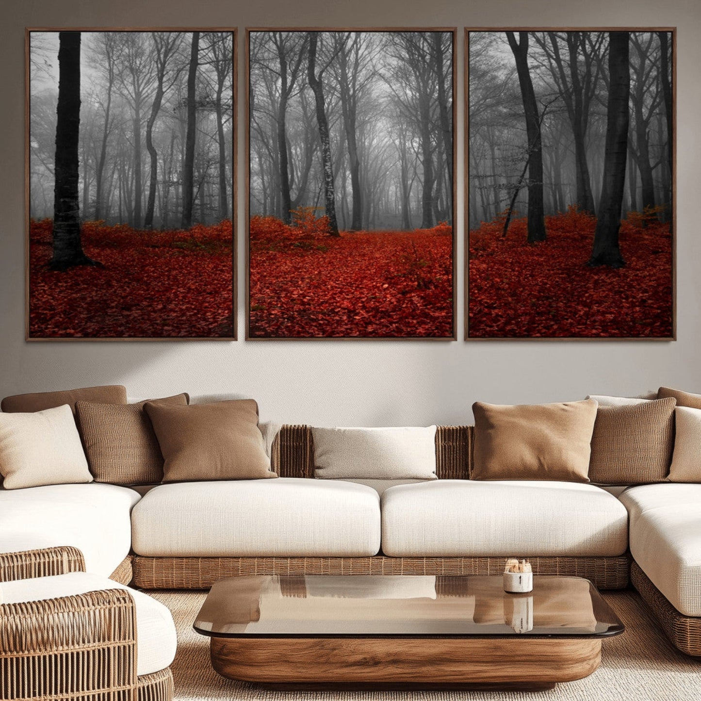 Red Forest Floor Canvas Wall Art – Mystical Foggy Woodland