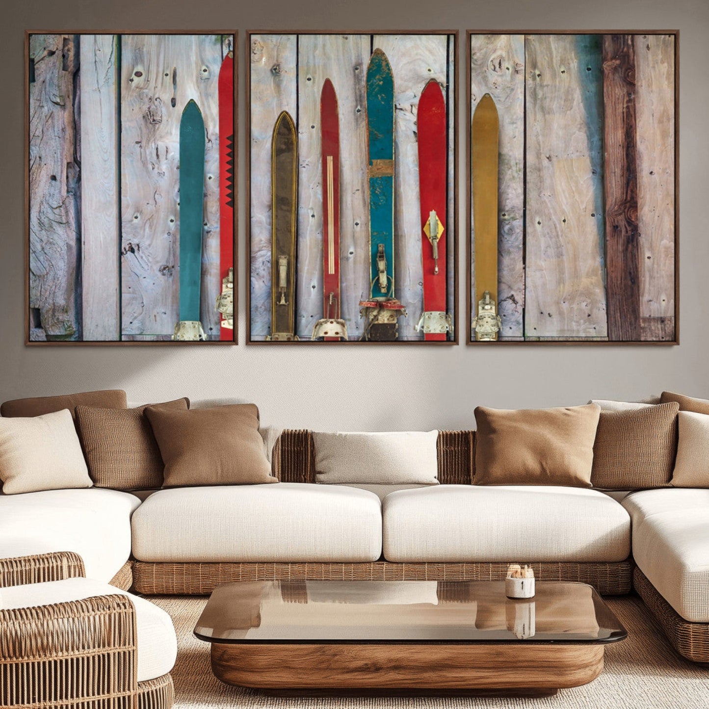 Vintage Wooden Weathered Ski's in Front of an Old Barn Wall