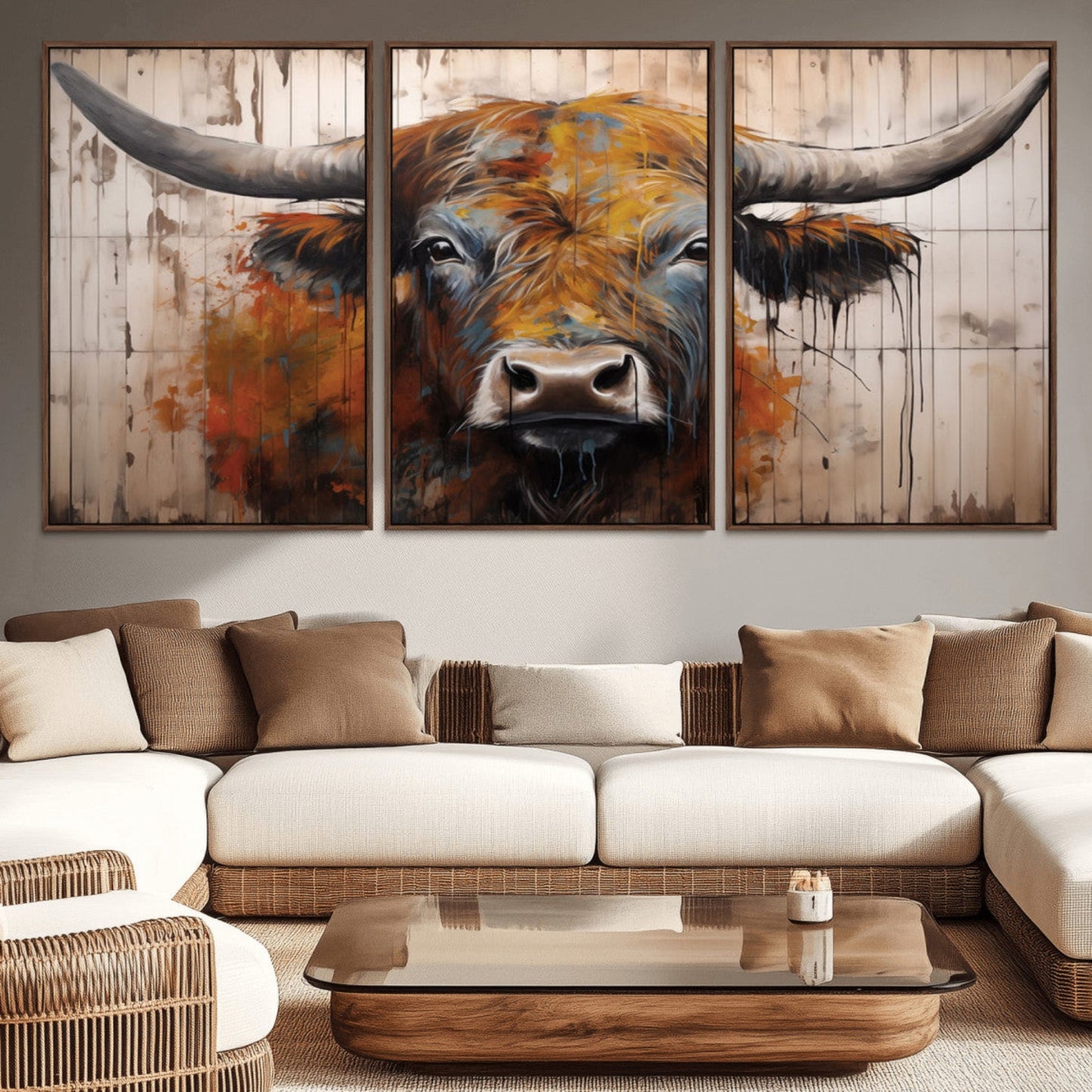 Scottish Highland Cow Cattle Art Print on Wood Style