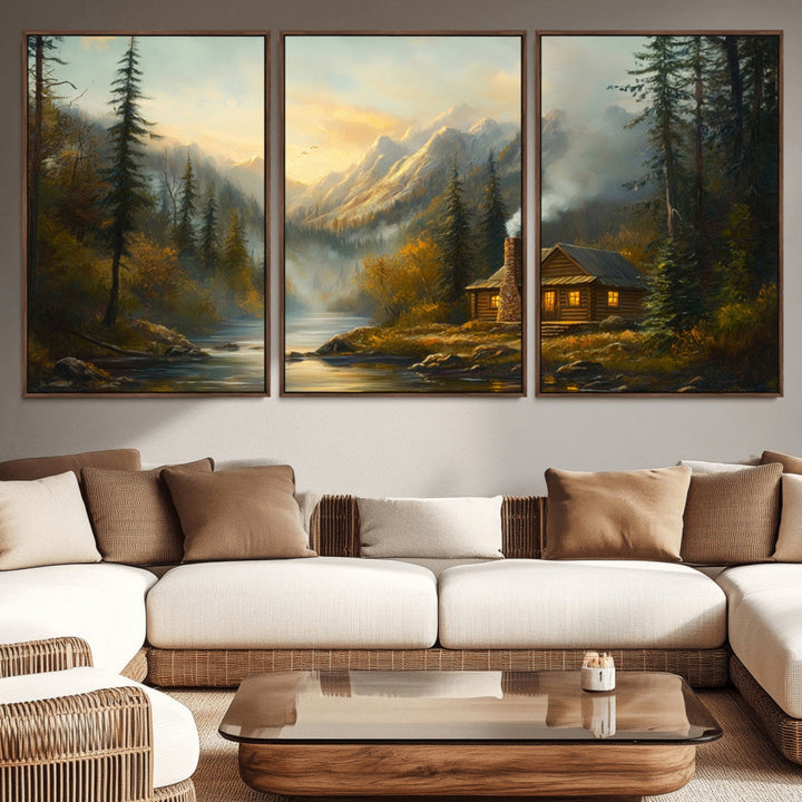 Wood Cabin Retreat Mountain at Sunset Wall Art Print -