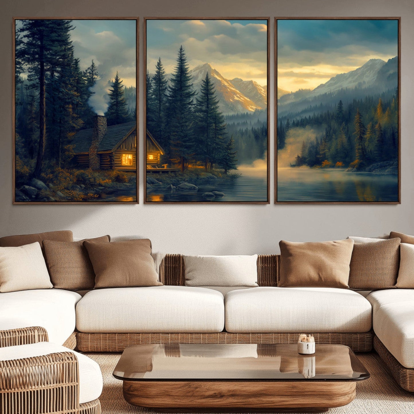 Mountain Cabin by the Lake at Sunset Wall Art - Serene