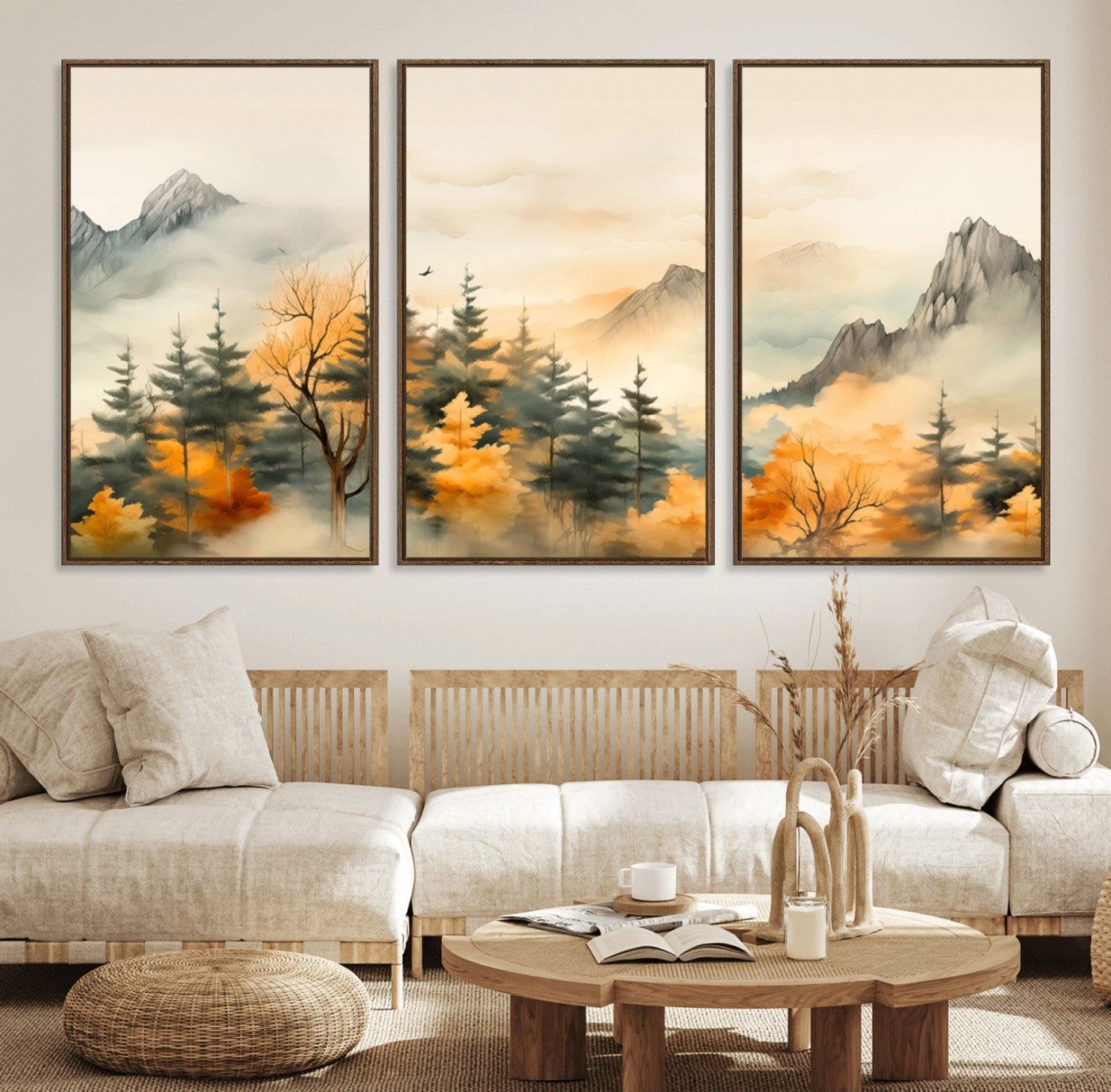 Abstract Watercolor Mountains and Trees Autumn Art,