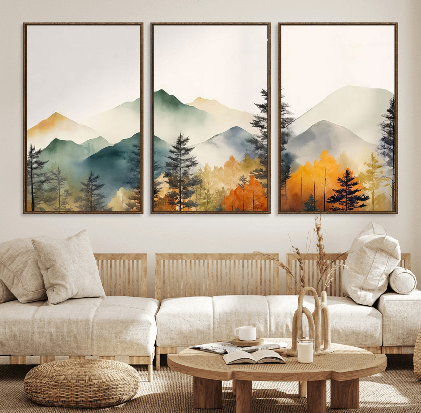 Abstract Watercolor Mountains and Trees Autumn Wall Art,