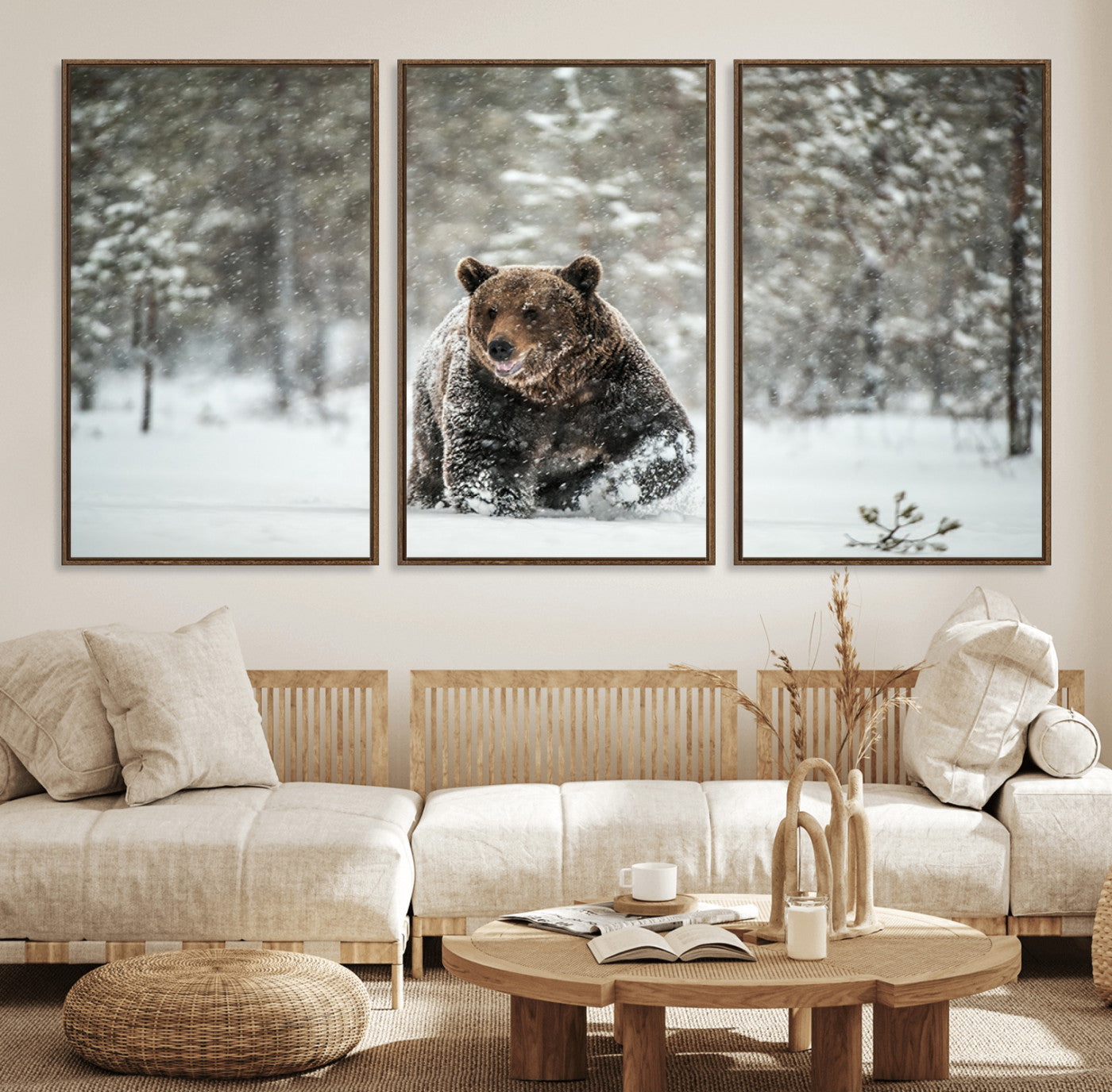Grizzly Bear Wall Art – Framed Snowy Forest Canvas Artwork,