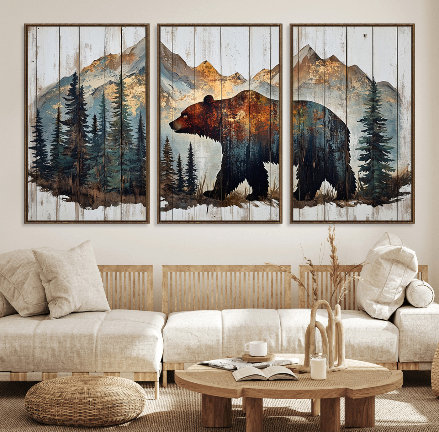 Rustic Grizzly 399 Bear and Mountain Wood Canvas Wall Art -