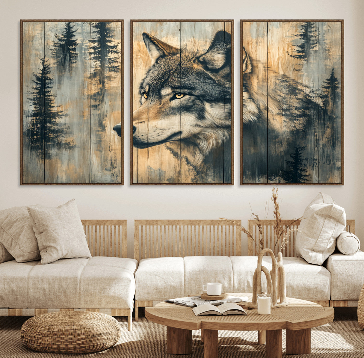 Wood Style Rustic Wolf Wall Art Canvas Print, Vintage