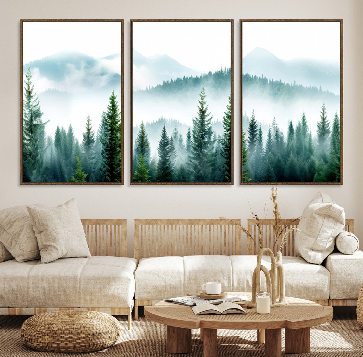 Pine Forest Wall Art Canvas Print – Misty Mountains Foggy