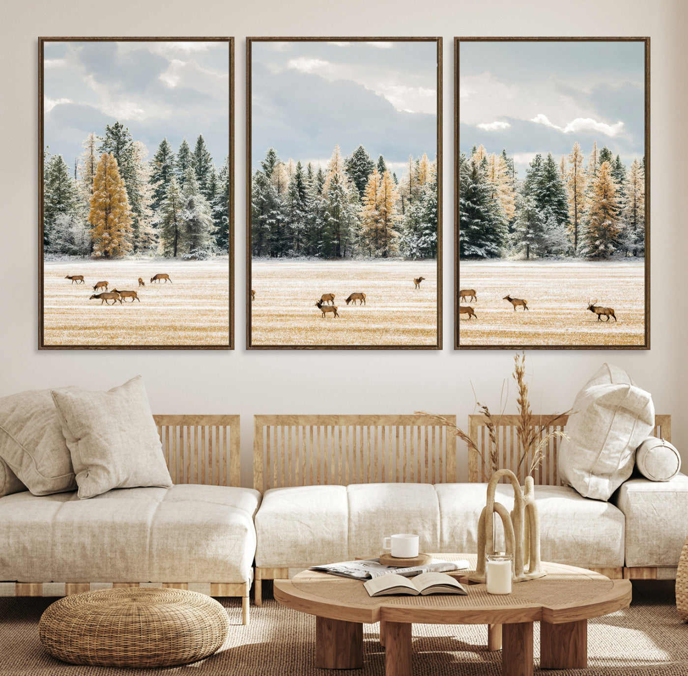 Elk Herd Wall Art – Framed Snowy Forest Canvas Artwork,