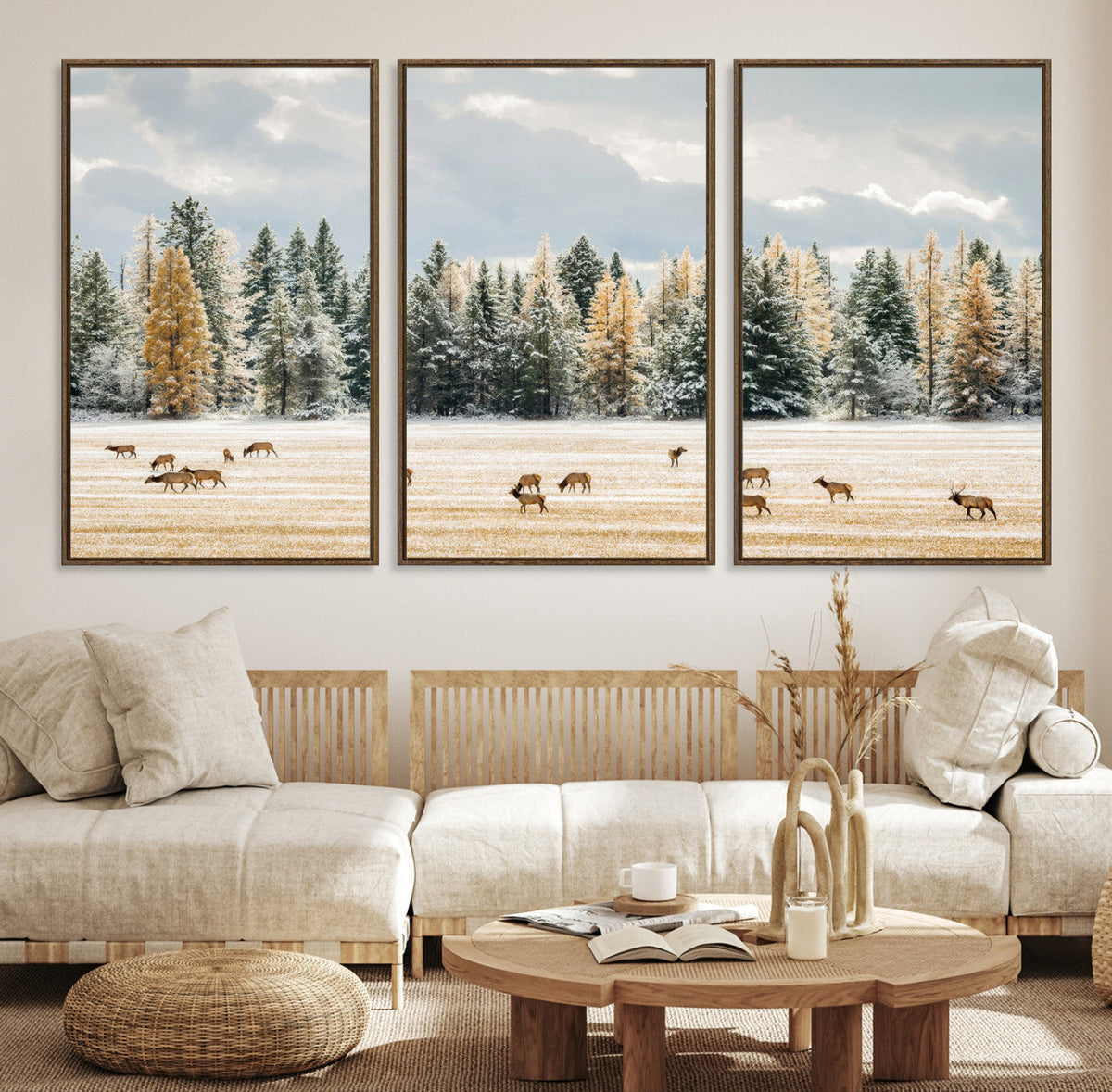 Elk Herd Wall Art – Framed Snowy Forest Canvas Artwork,