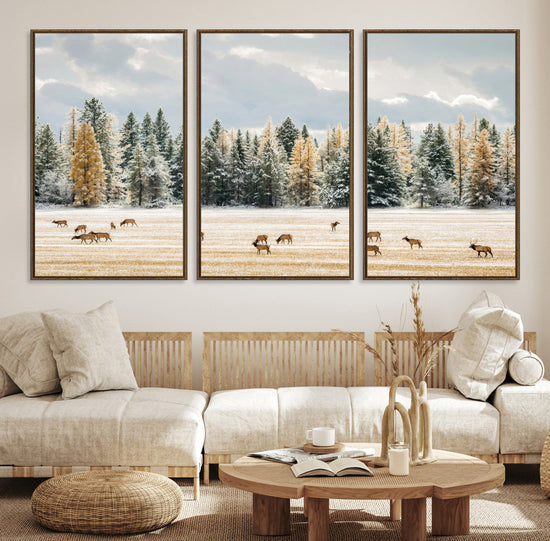 Elk Herd Wall Art – Framed Snowy Forest Canvas Artwork,