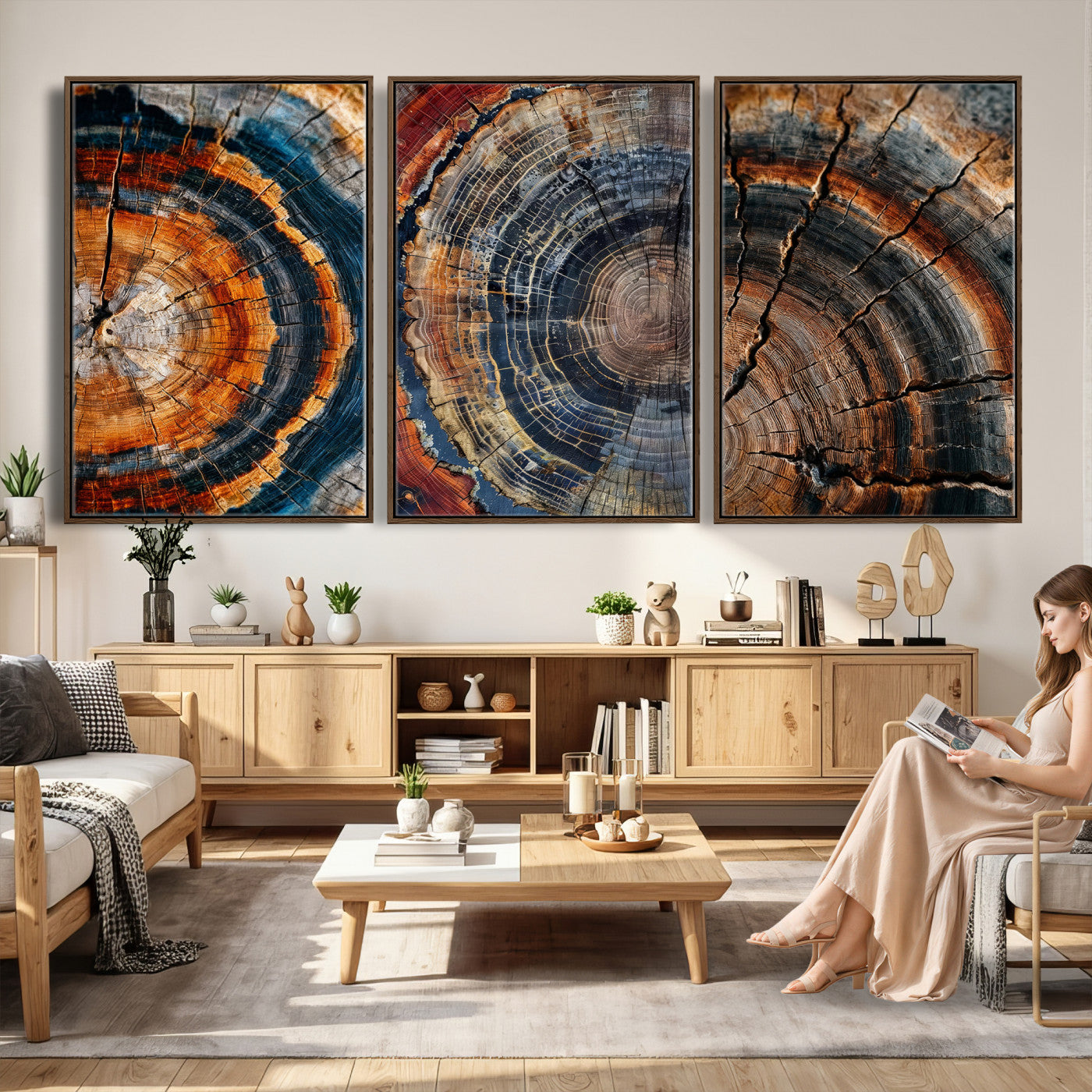 Tree Ring Canvas Wall Art, Wood Cross Section Triptych